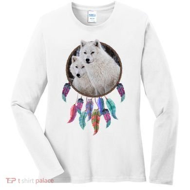 Two White Wolves Dream Catcher Women's Long Sleeve Shirt