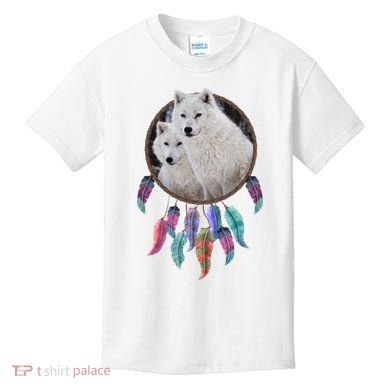 Two White Wolves Dream Catcher Kids T-Shirt