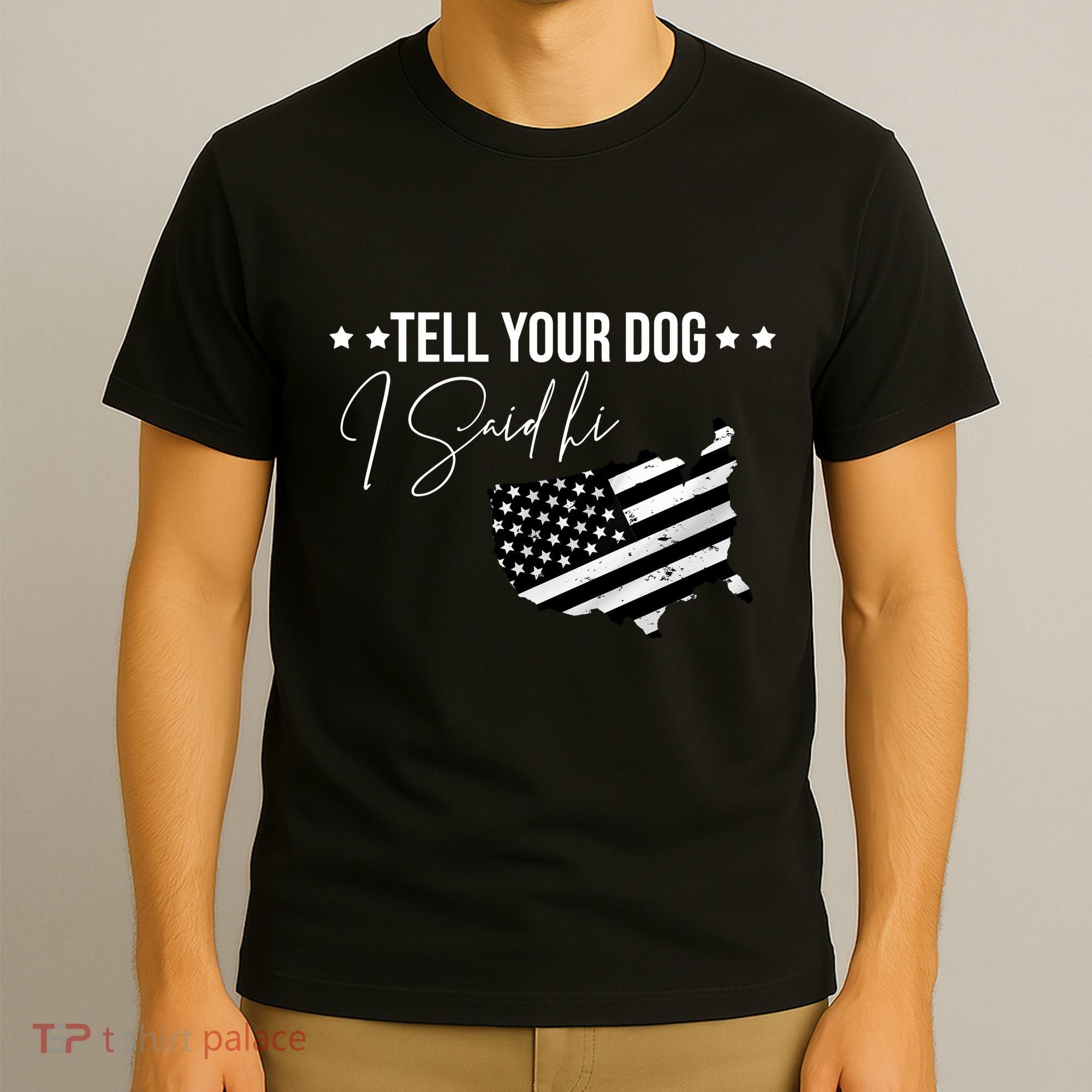 Tell Your Dog I Said Hi Grey Style American Flag T-Shirt