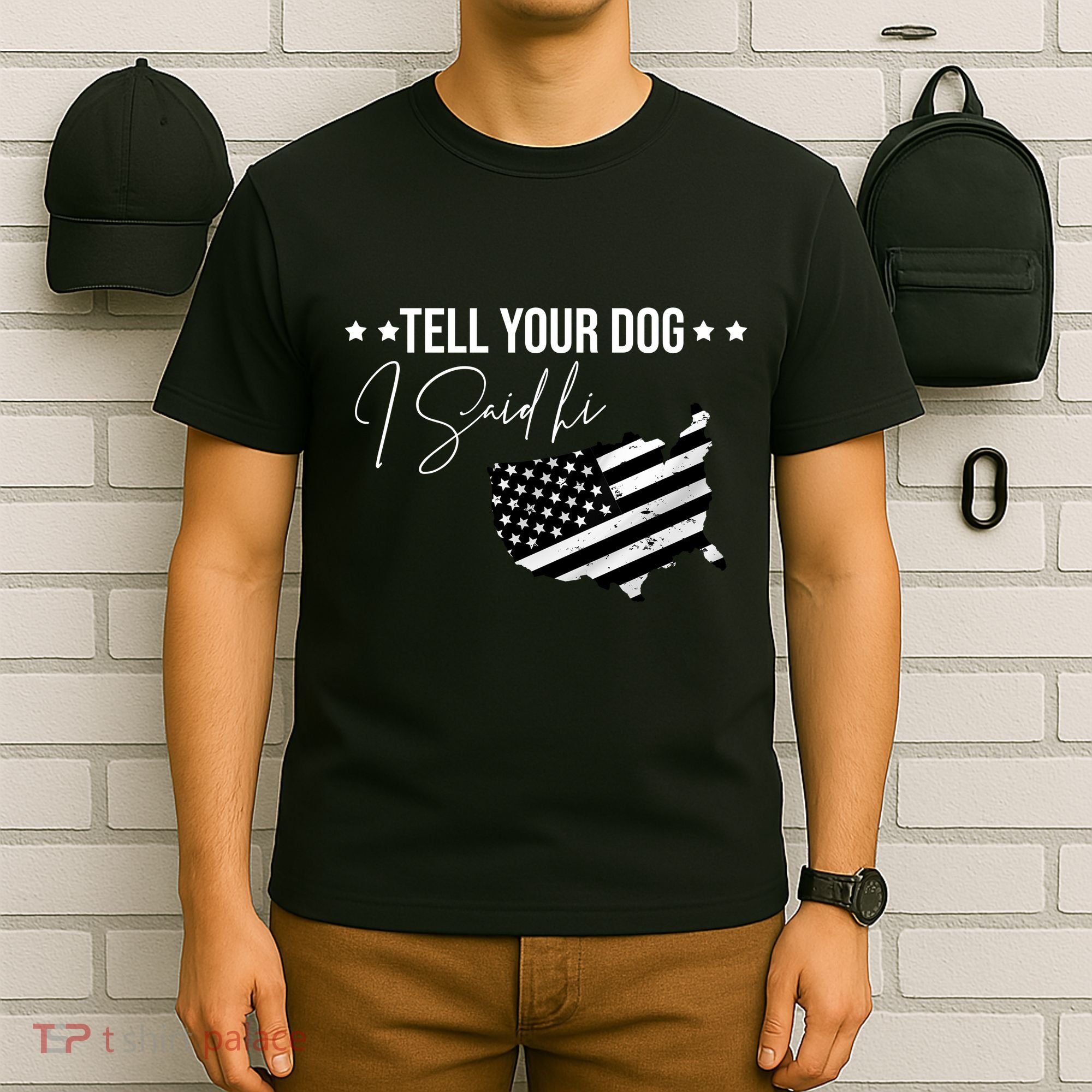 Tell Your Dog I Said Hi Grey Style American Flag T-Shirt