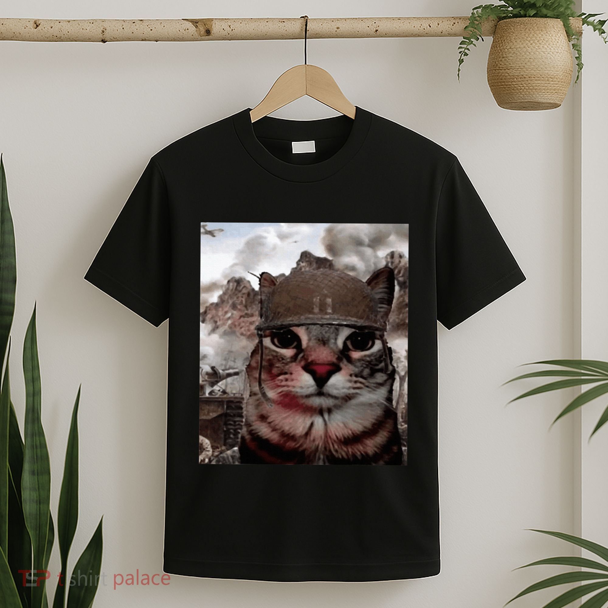 Thousand Yard Stare Funny Soldier Cat Meme In Battlefield T-Shirt
