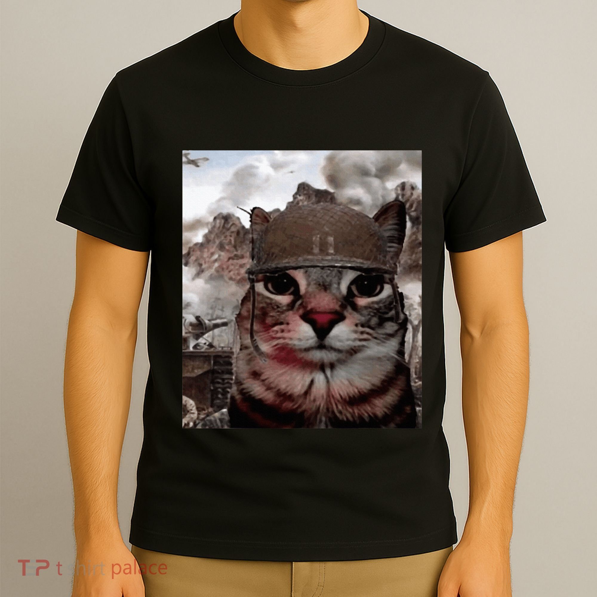 Thousand Yard Stare Funny Soldier Cat Meme In Battlefield T-Shirt