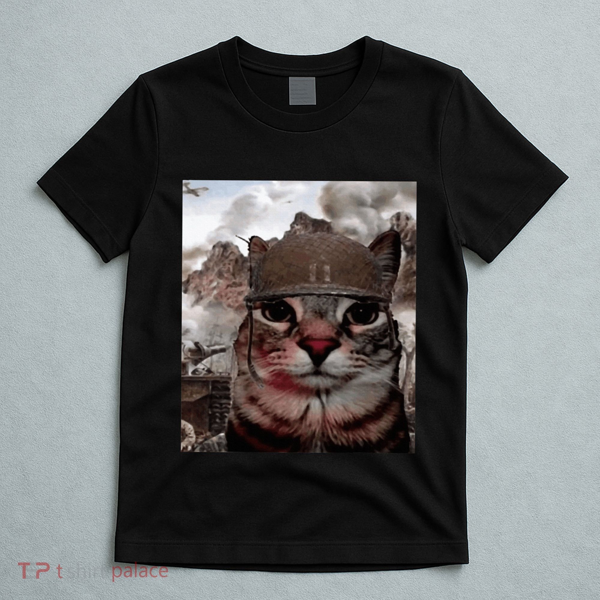 Thousand Yard Stare Funny Soldier Cat Meme In Battlefield T-Shirt