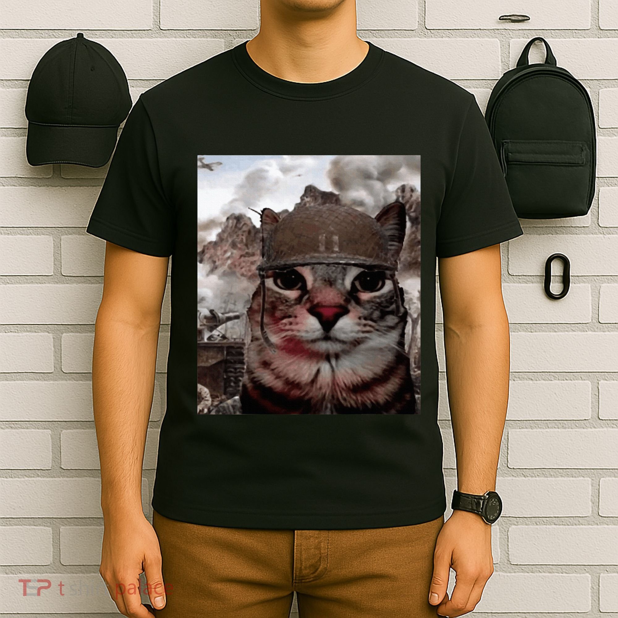 Thousand Yard Stare Funny Soldier Cat Meme In Battlefield T-Shirt