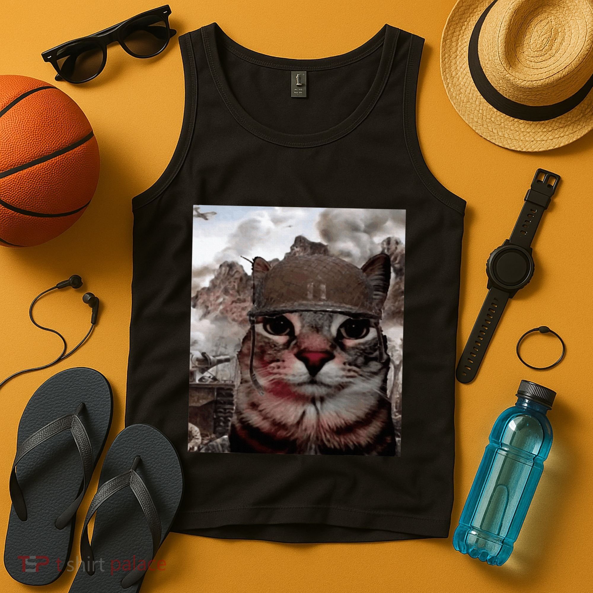 Thousand Yard Stare Funny Soldier Cat Meme In Battlefield Tank Top