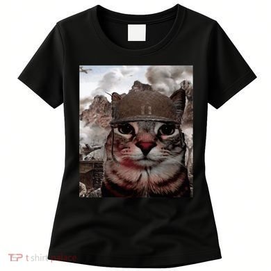 Thousand Yard Stare Funny Soldier Cat Meme In Battlefield Women's T-Shirt