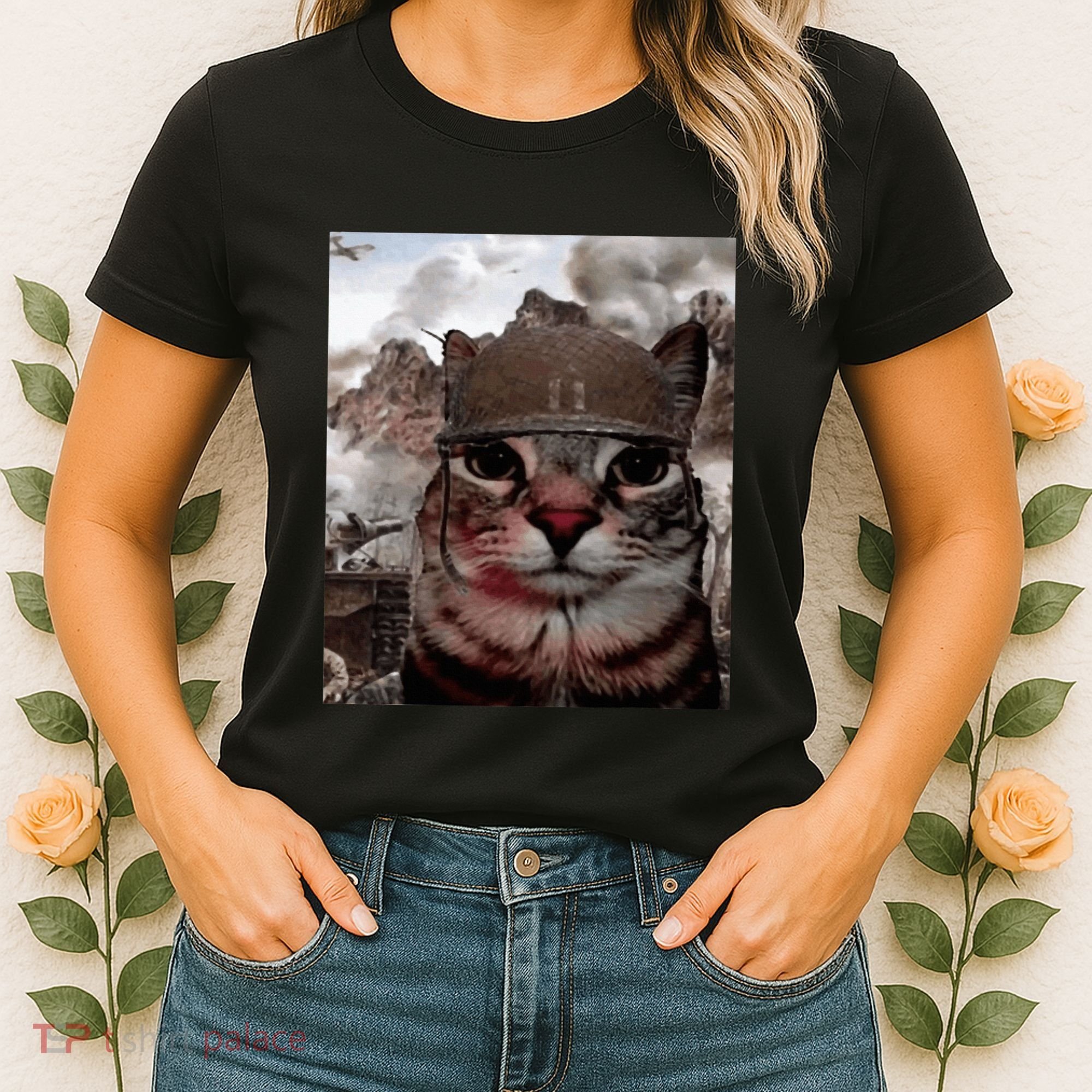 Thousand Yard Stare Funny Soldier Cat Meme In Battlefield Women's T-Shirt
