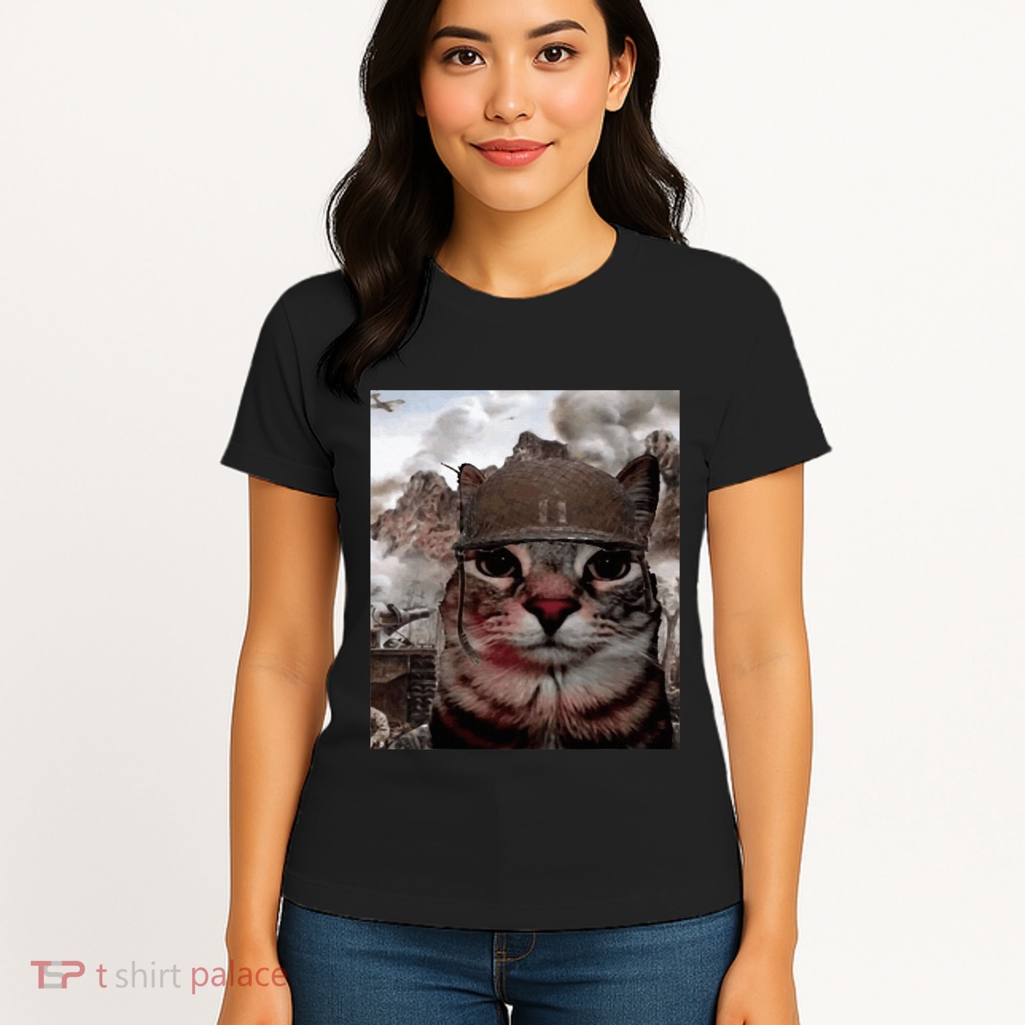 Thousand Yard Stare Funny Soldier Cat Meme In Battlefield Women's T-Shirt