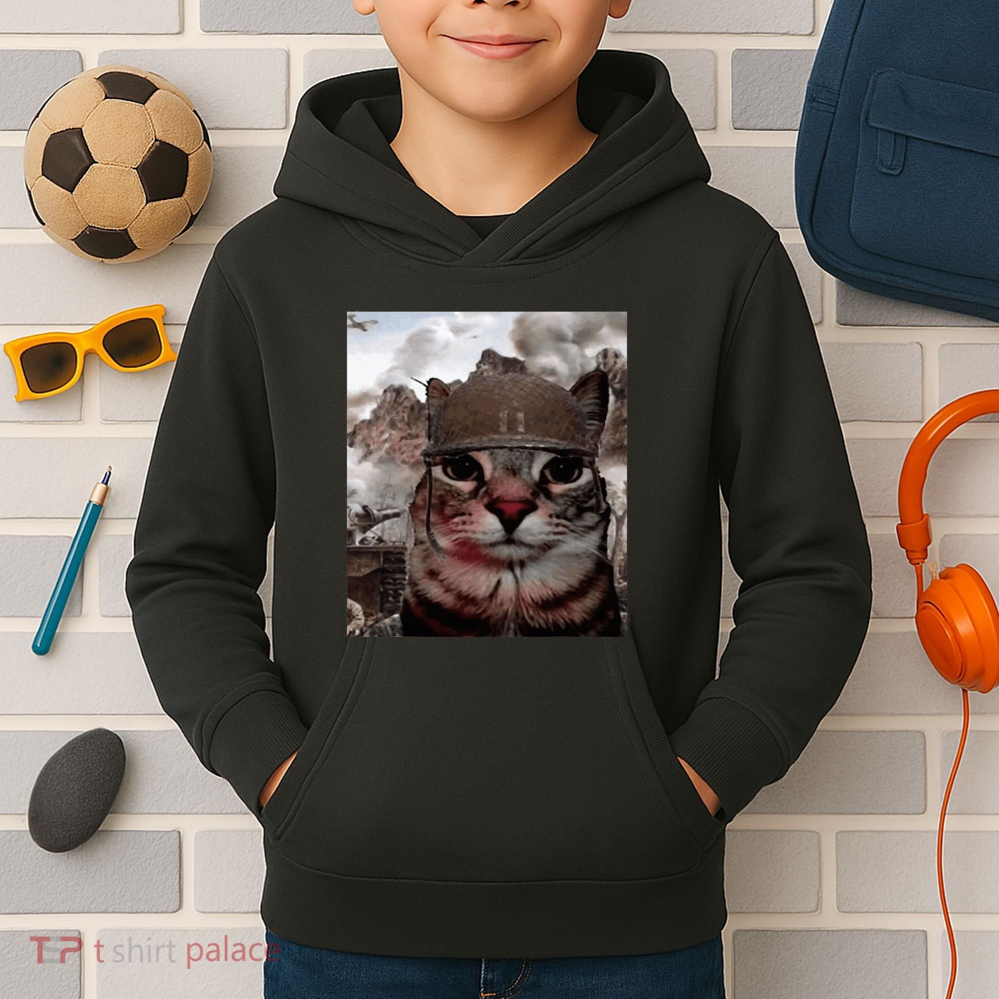 Thousand Yard Stare Funny Soldier Cat Meme In Battlefield Kids Hoodie
