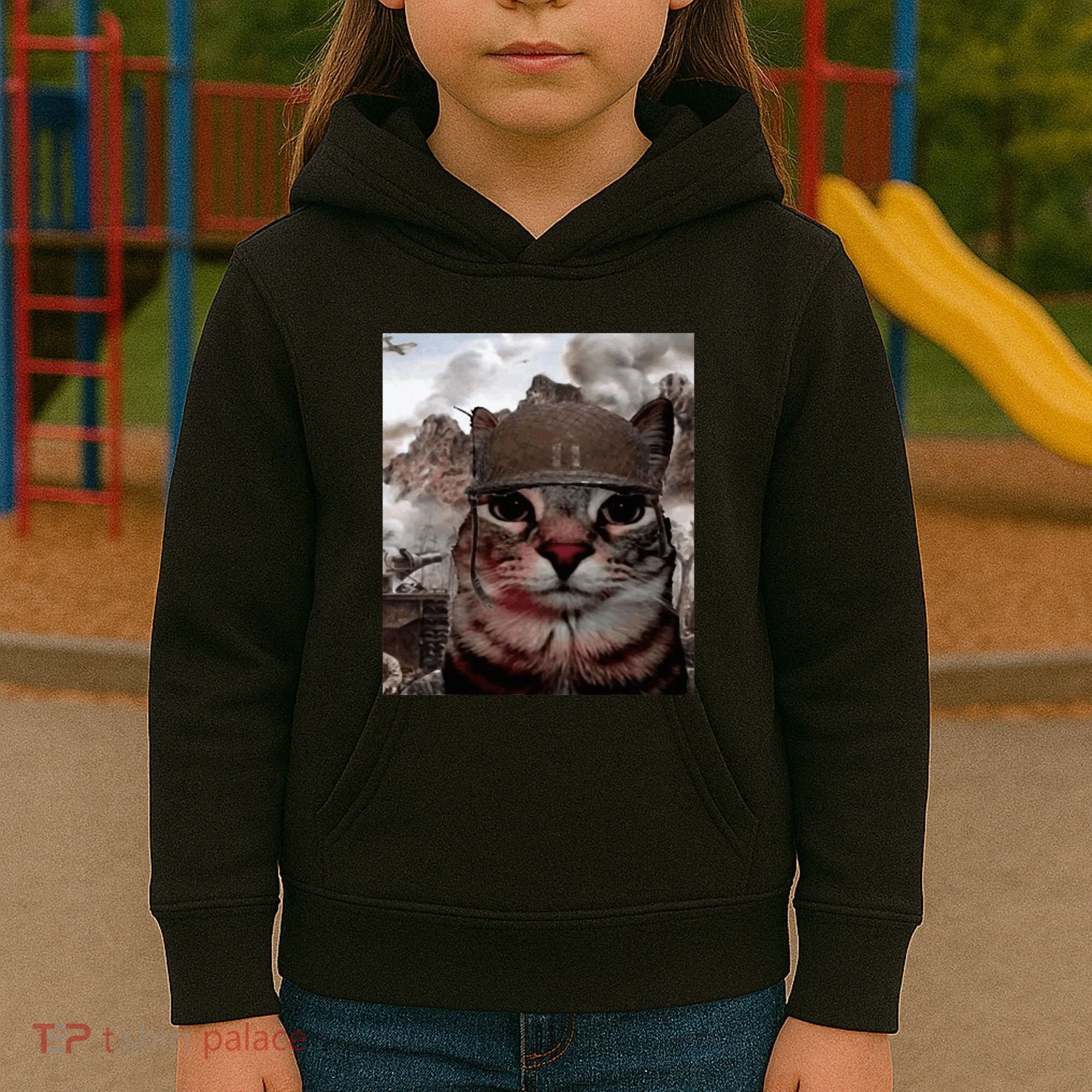 Thousand Yard Stare Funny Soldier Cat Meme In Battlefield Kids Hoodie
