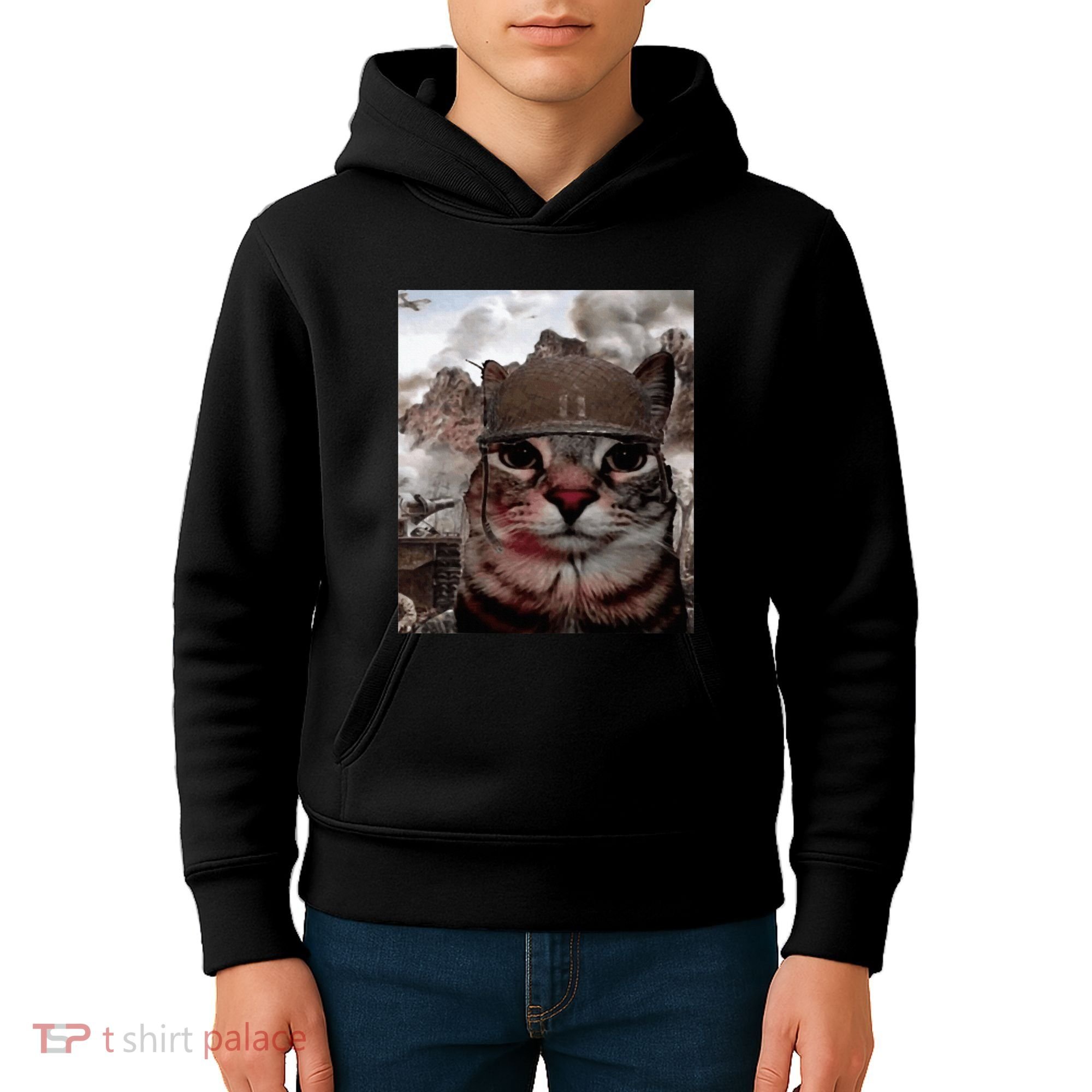 Thousand Yard Stare Funny Soldier Cat Meme In Battlefield Kids Hoodie