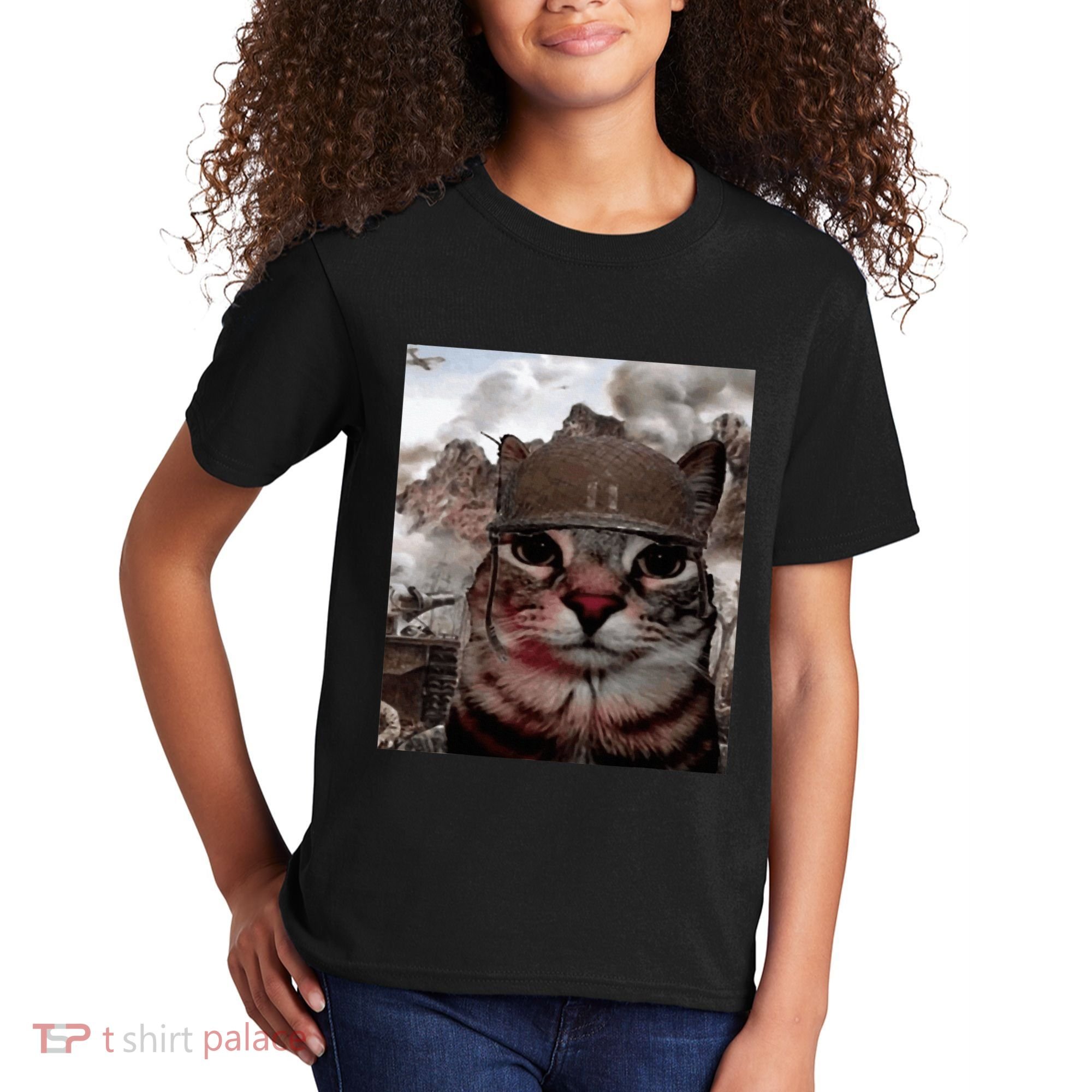 Thousand Yard Stare Funny Soldier Cat Meme In Battlefield Kids T-Shirt