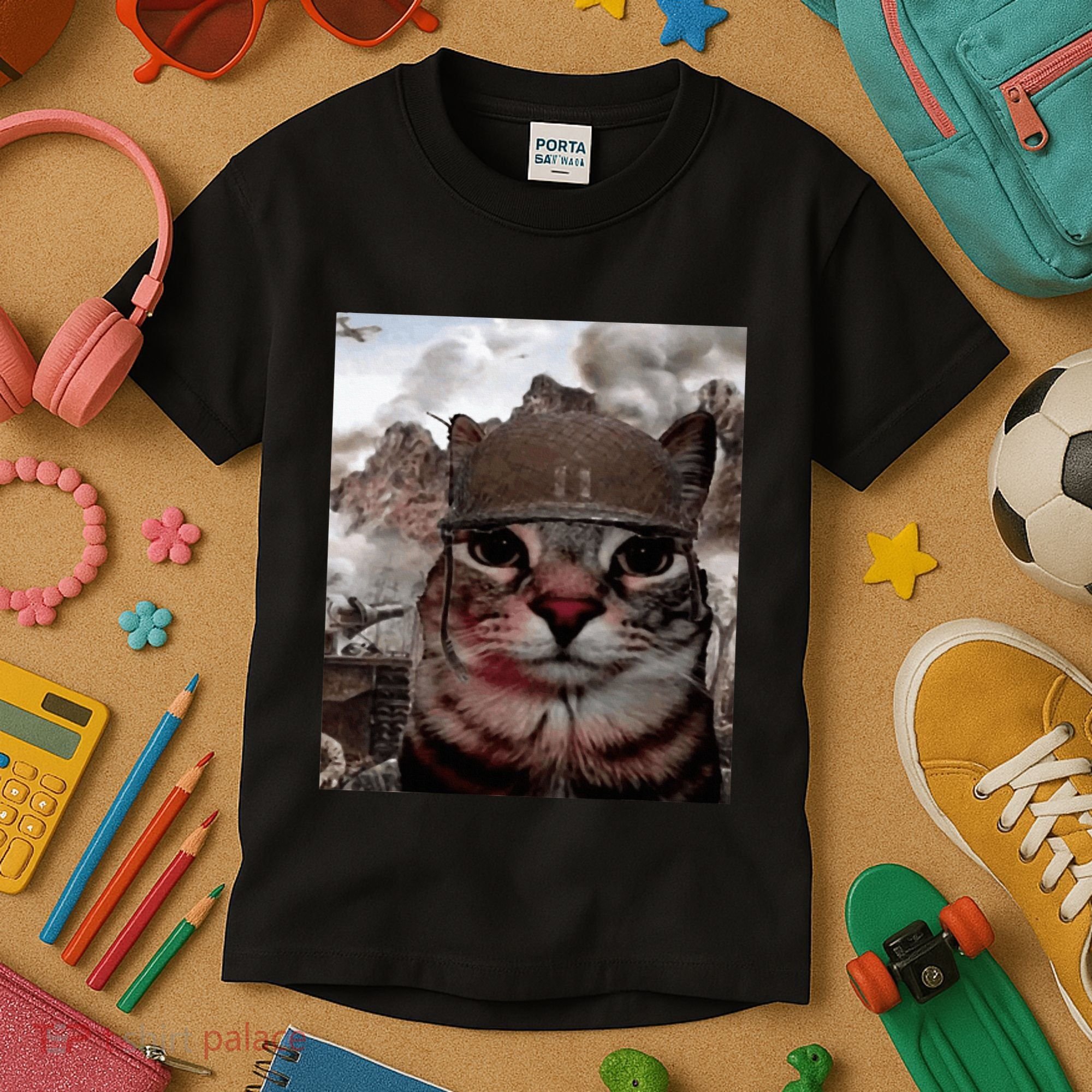 Thousand Yard Stare Funny Soldier Cat Meme In Battlefield Kids T-Shirt