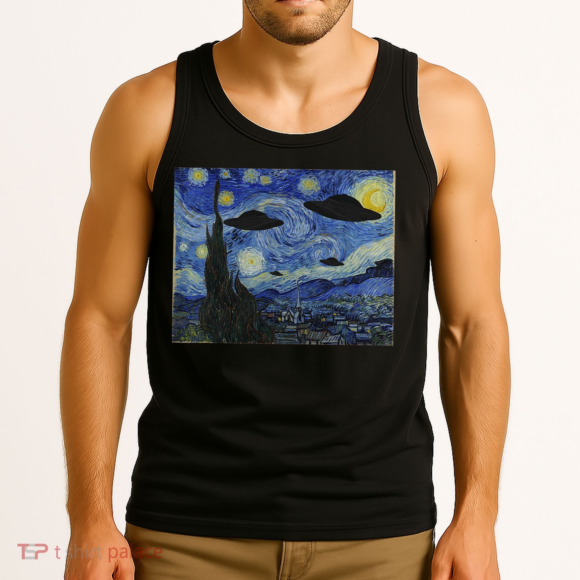 Ufo Alien Abduction Starry Night Van Gogh Painting Tank Top
