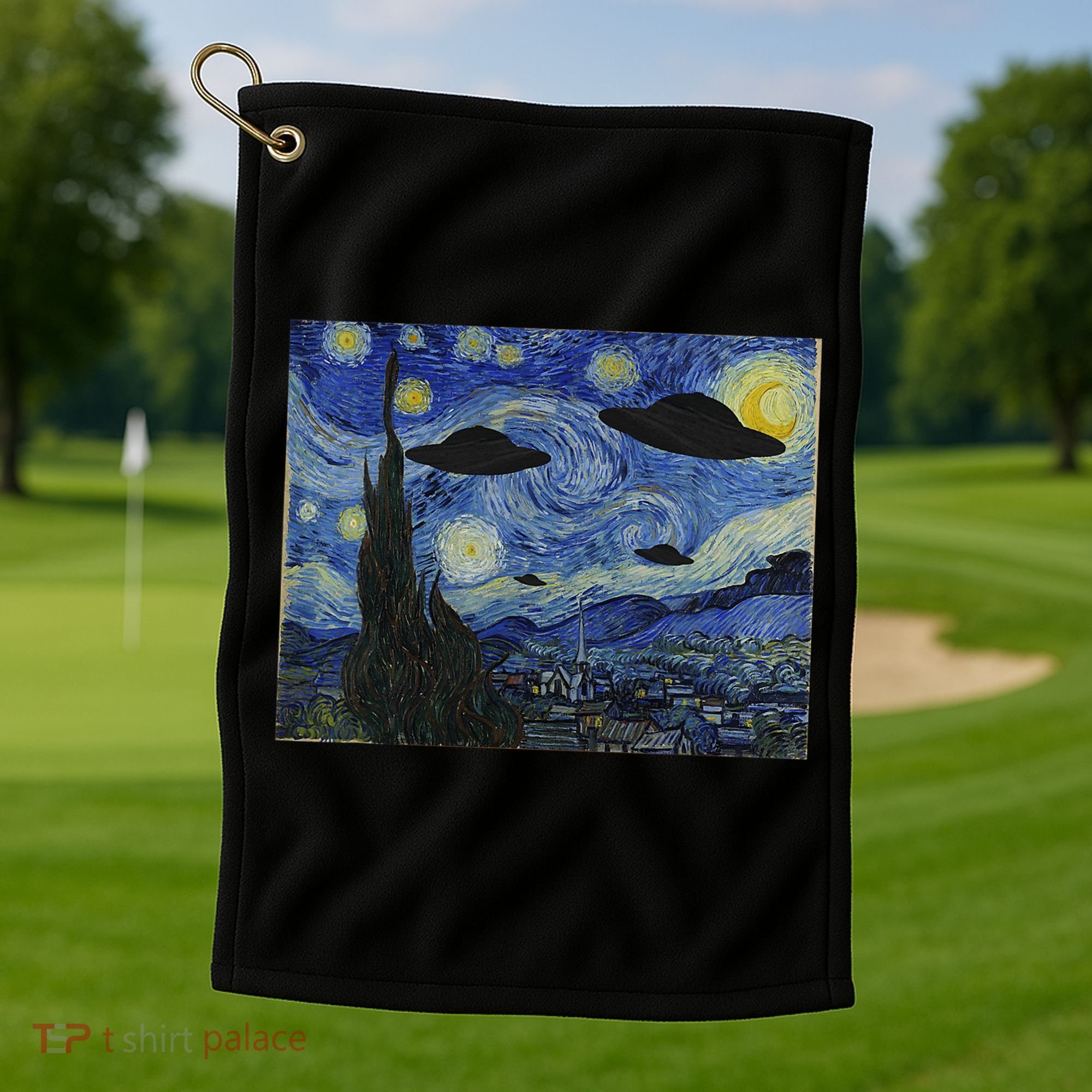 Ufo Alien Abduction Starry Night Van Gogh Painting Golf Towel