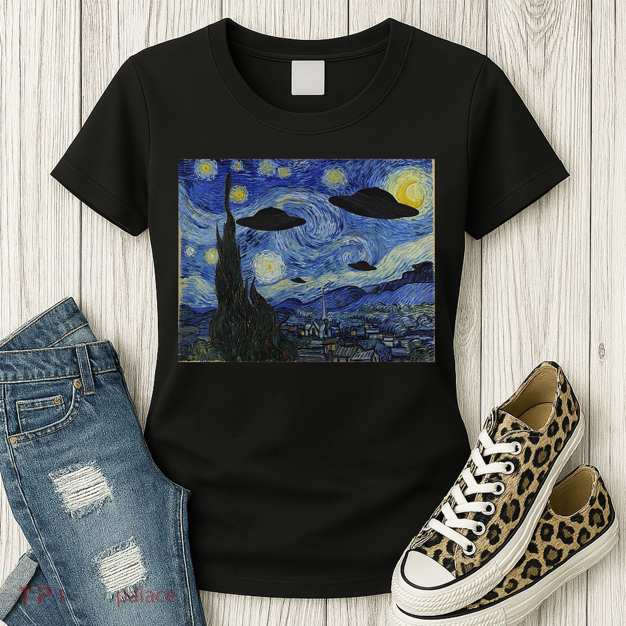 Ufo Alien Abduction Starry Night Van Gogh Painting Women's T-Shirt