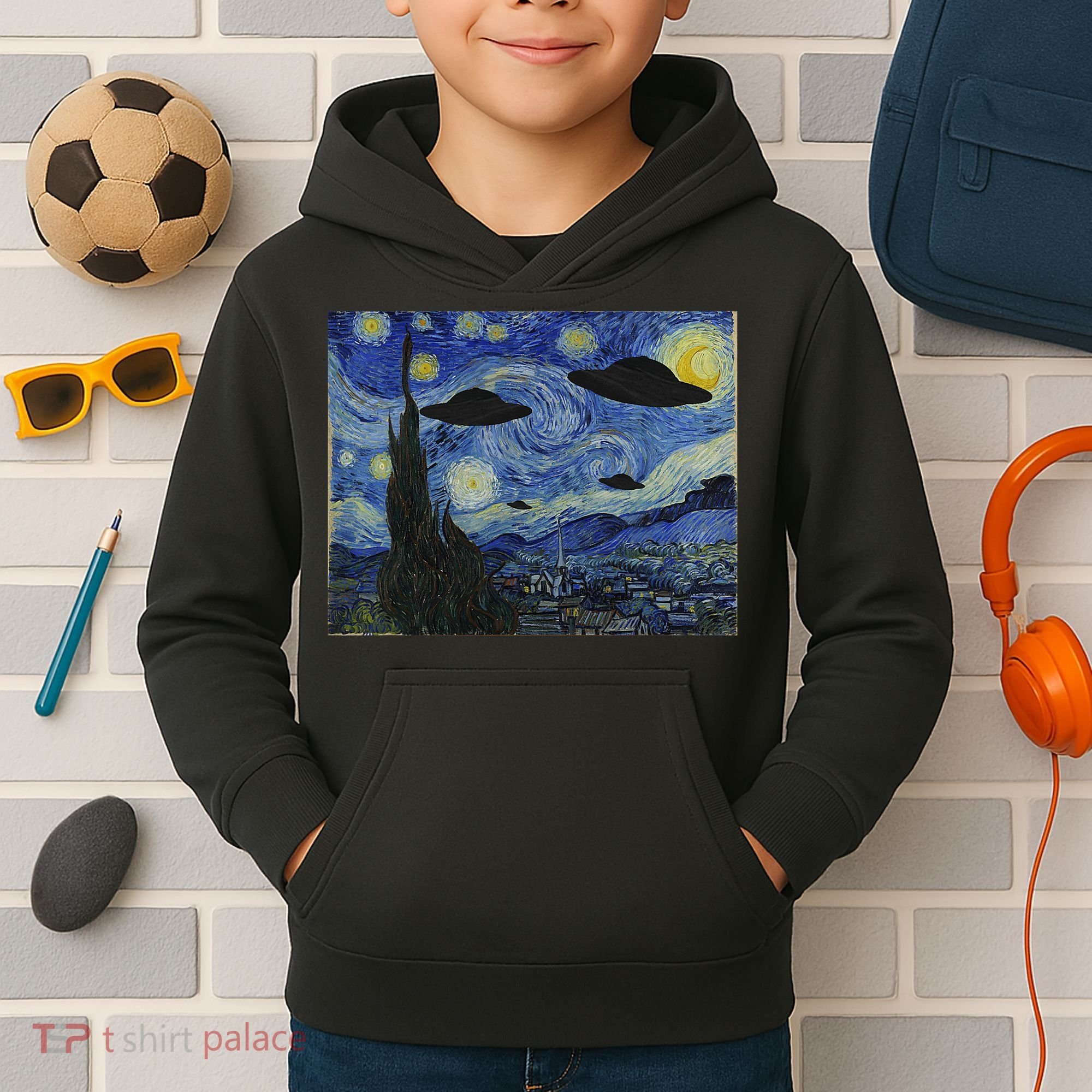 Ufo Alien Abduction Starry Night Van Gogh Painting Kids Hoodie