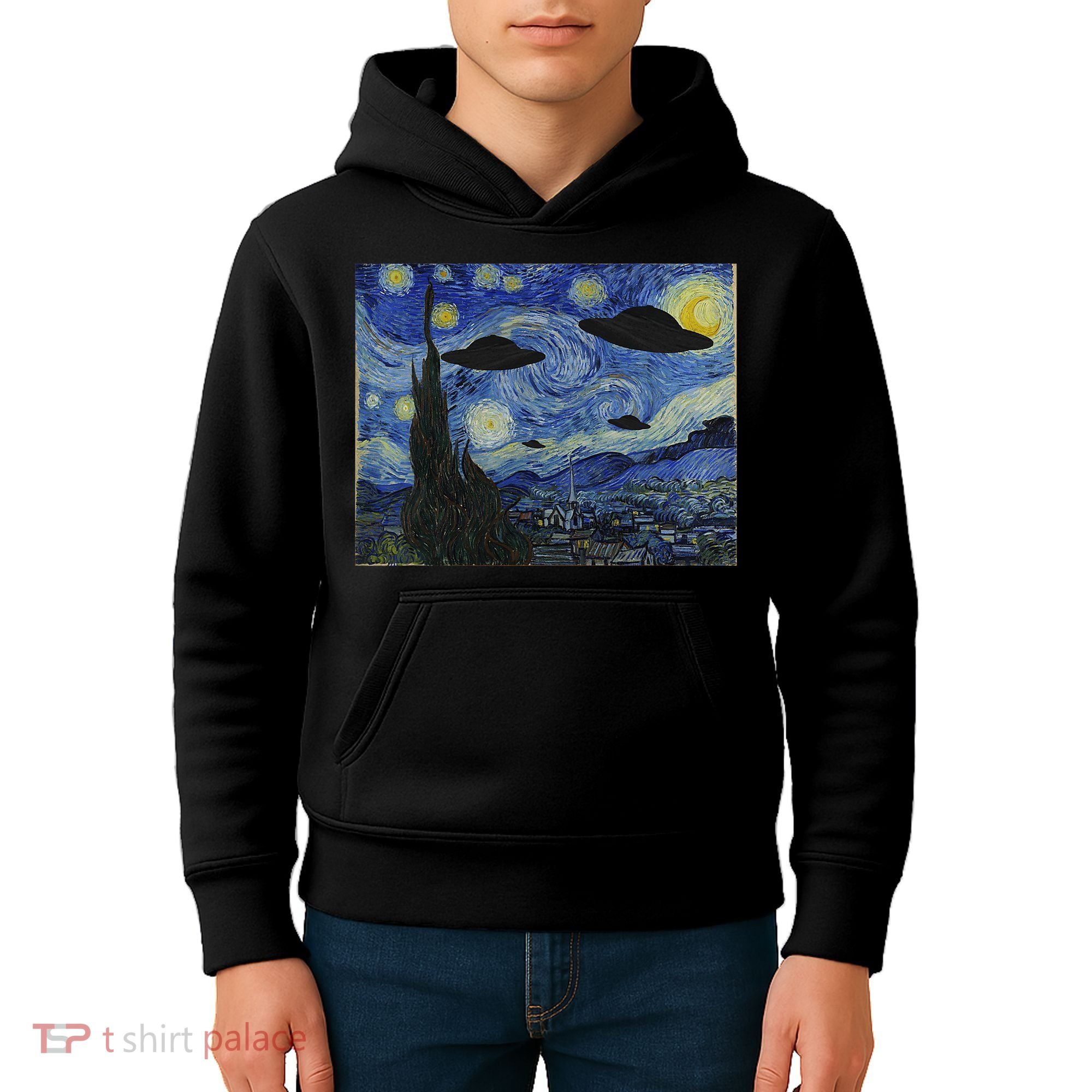 Ufo Alien Abduction Starry Night Van Gogh Painting Kids Hoodie