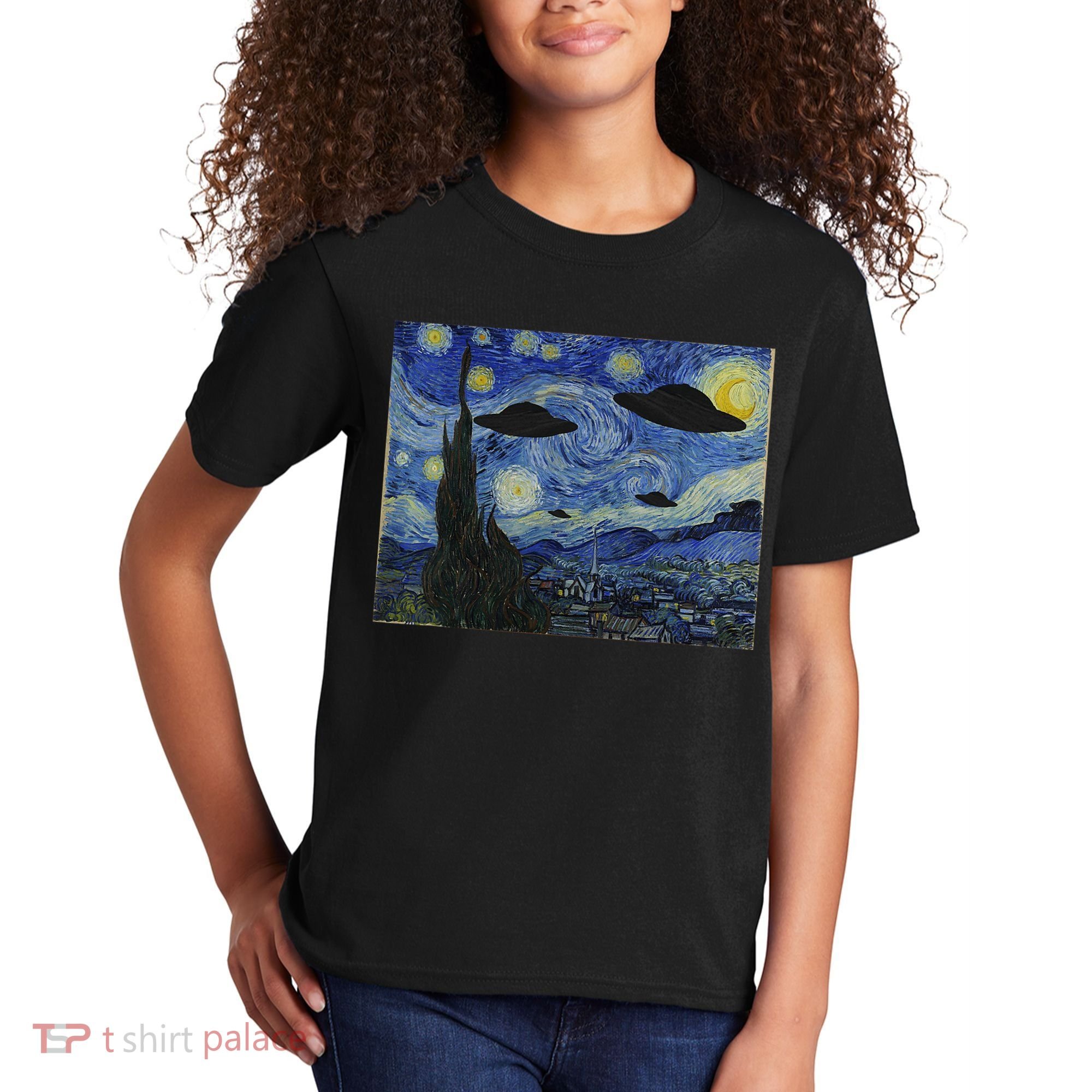 Ufo Alien Abduction Starry Night Van Gogh Painting Kids T-Shirt