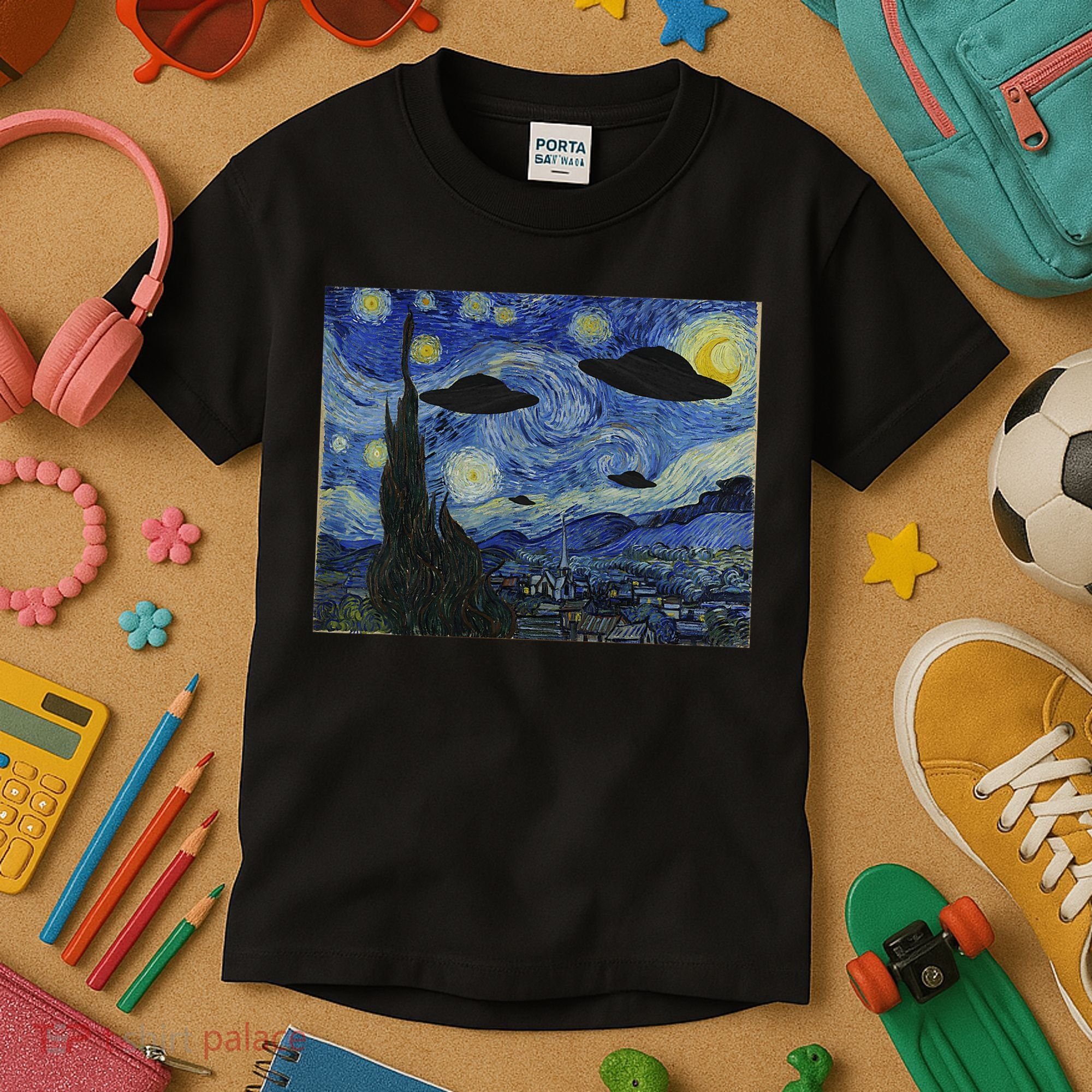 Ufo Alien Abduction Starry Night Van Gogh Painting Kids T-Shirt