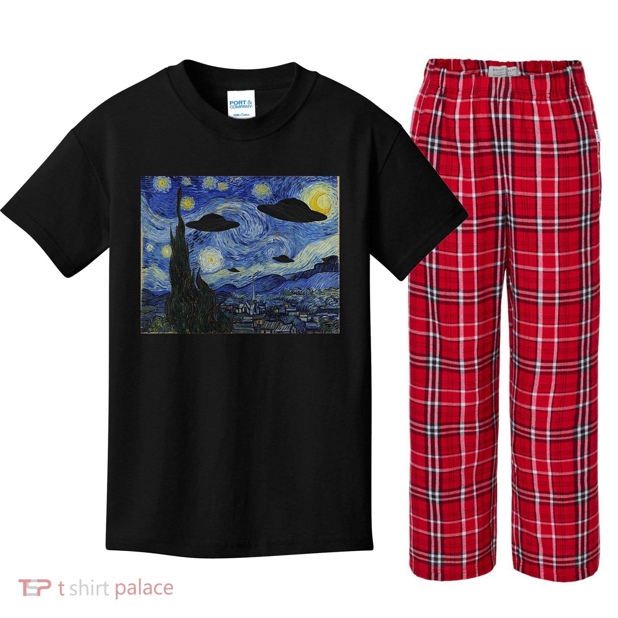Ufo Alien Abduction Starry Night Van Gogh Painting Kids Plaid Pajama Set