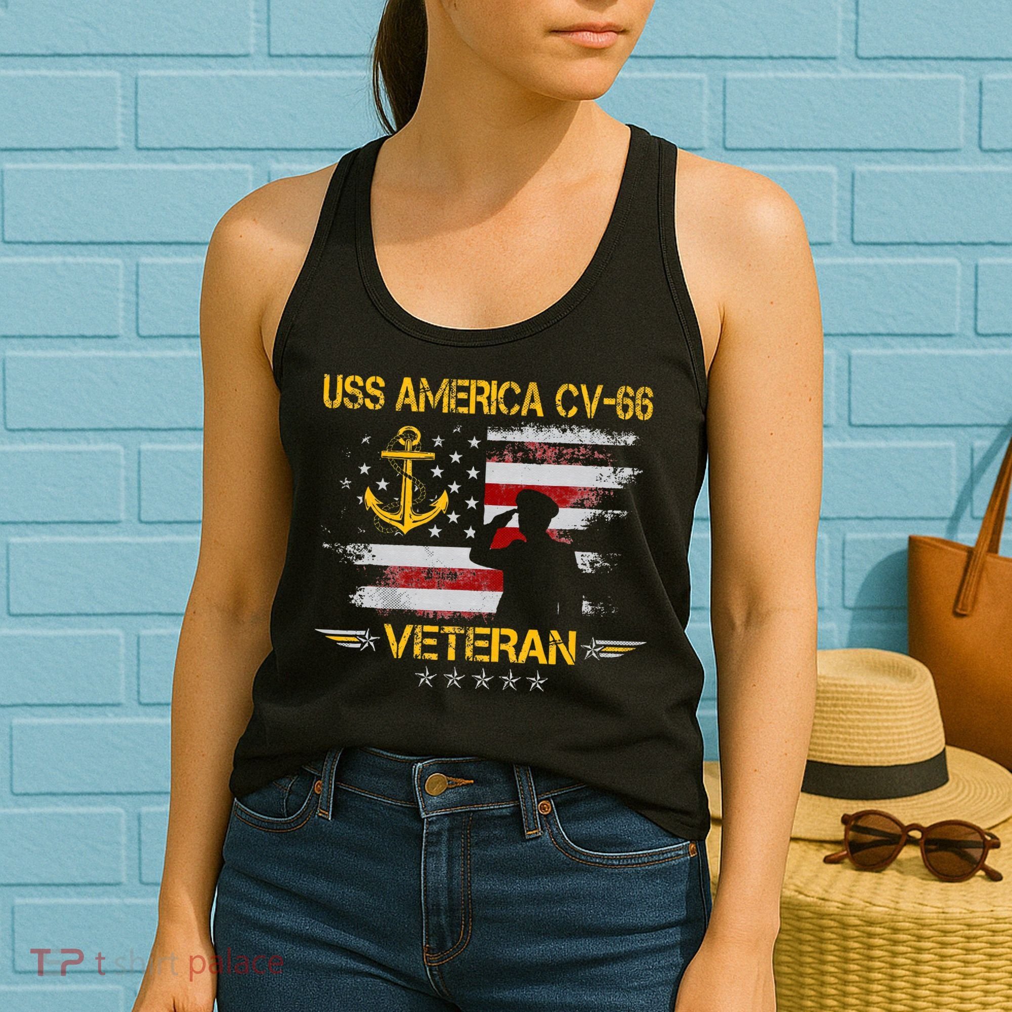 USS America CV 66 Aircraft Carrier Veteran Flag Veterans Day Women's Tank Top