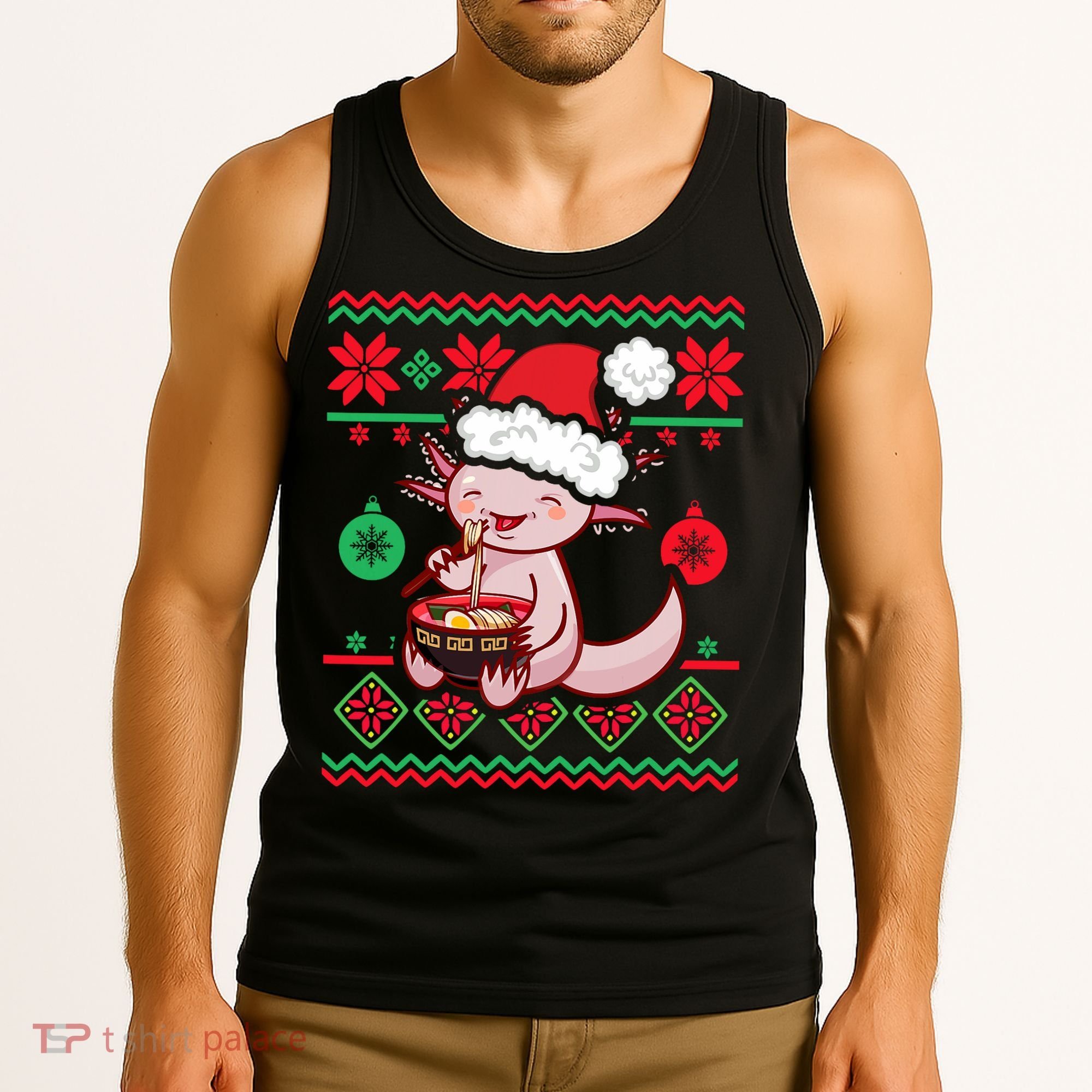 Ugly Anime Christmas Sweater Kawaii Axolotl Eating Ramen Tank Top