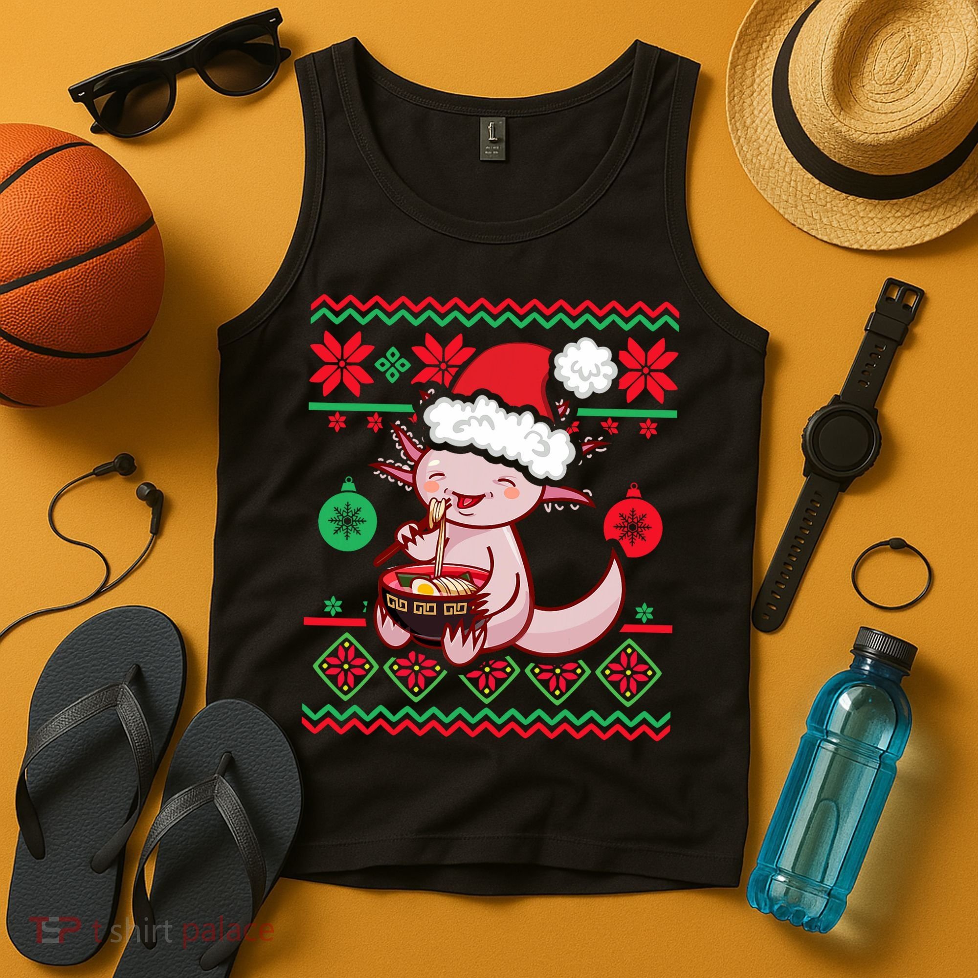 Ugly Anime Christmas Sweater Kawaii Axolotl Eating Ramen Tank Top
