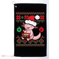 Ugly Anime Christmas Sweater Kawaii Axolotl Eating Ramen Golf Towel thumb 0