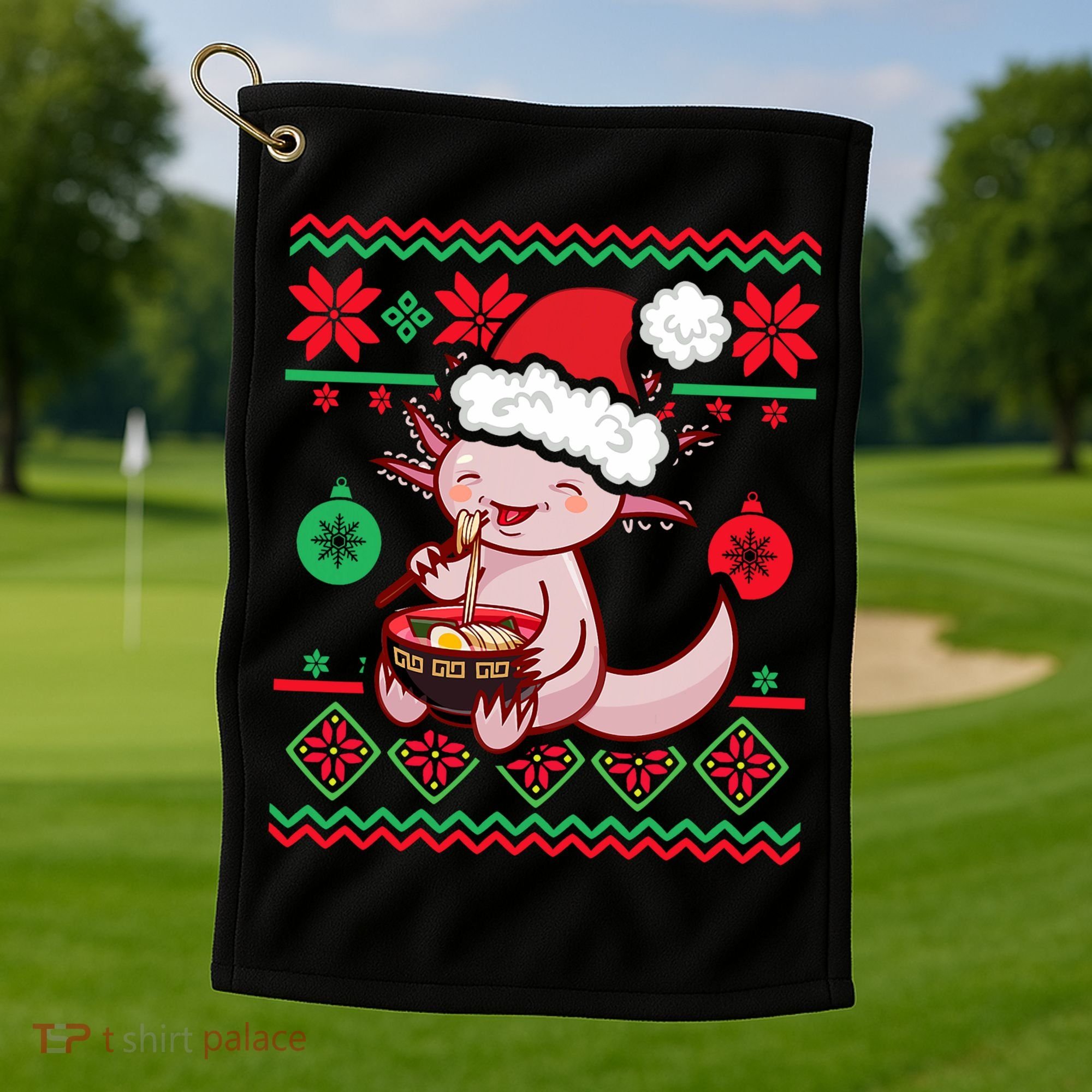 Ugly Anime Christmas Sweater Kawaii Axolotl Eating Ramen Golf Towel