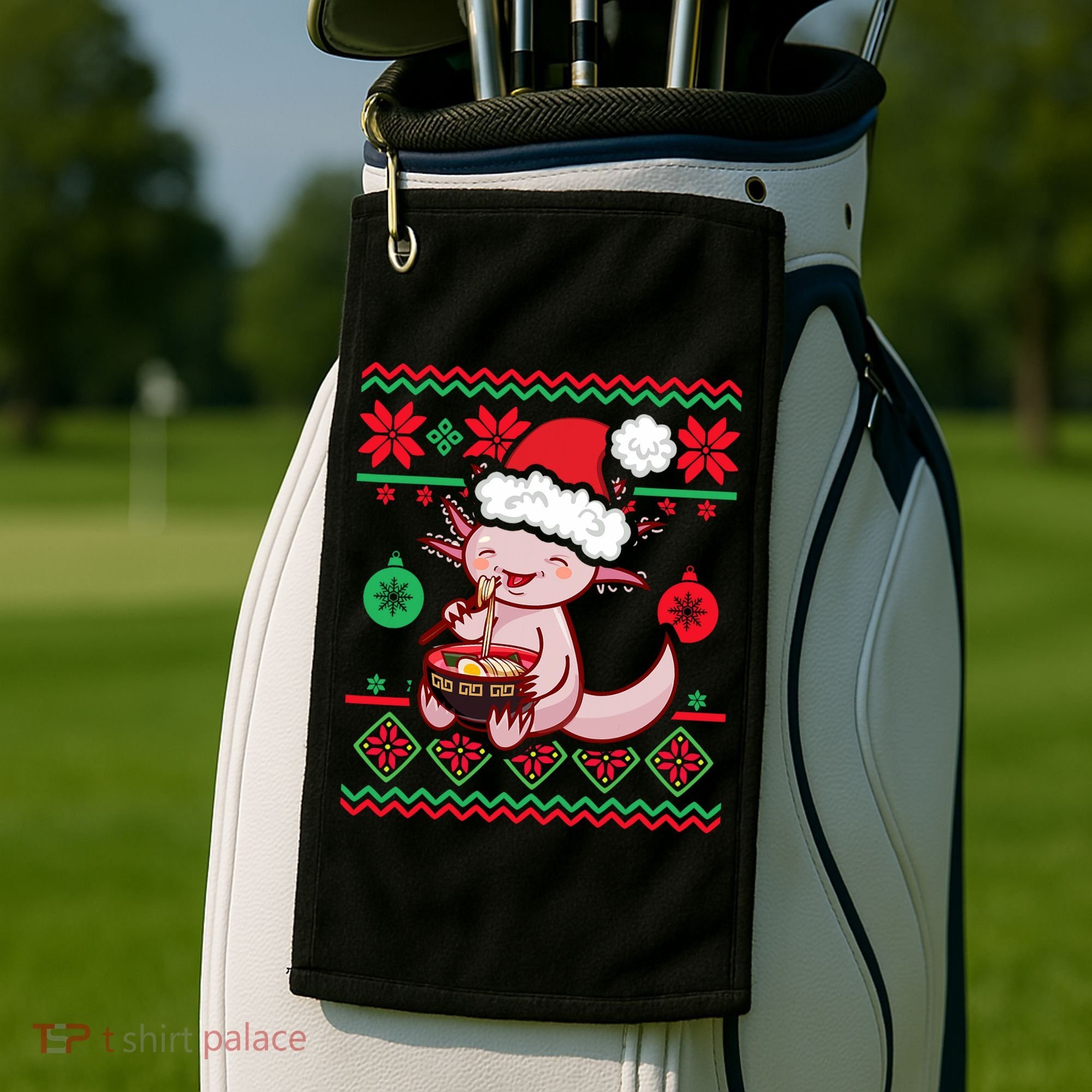 Ugly Anime Christmas Sweater Kawaii Axolotl Eating Ramen Golf Towel