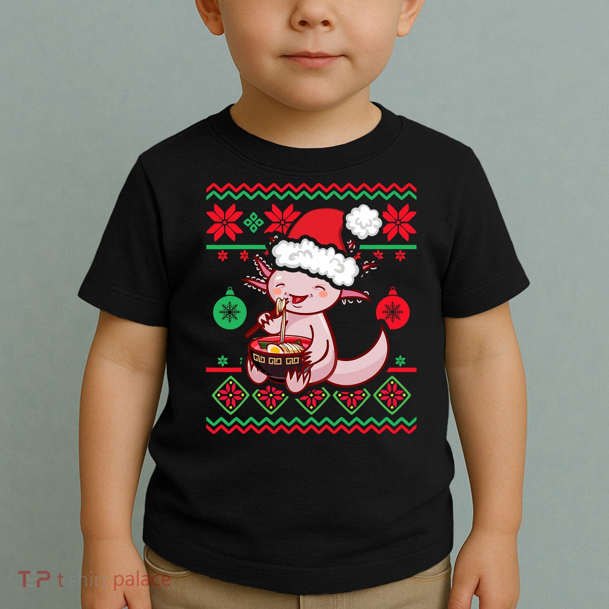 Ugly Anime Christmas Sweater Kawaii Axolotl Eating Ramen Toddler T-Shirt
