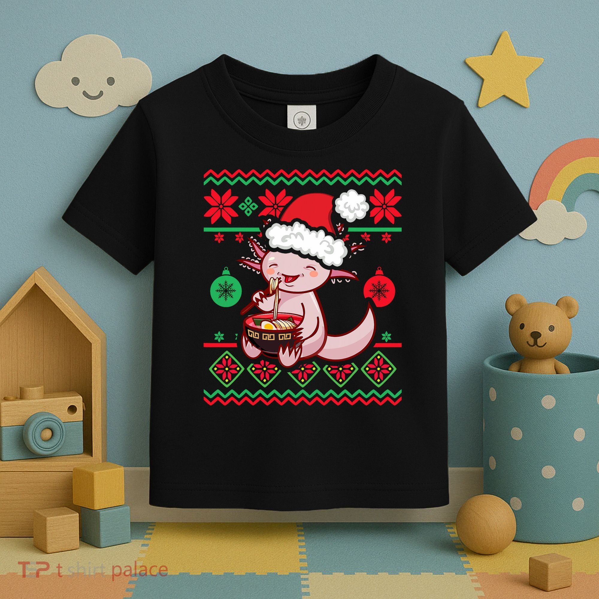 Ugly Anime Christmas Sweater Kawaii Axolotl Eating Ramen Toddler T-Shirt