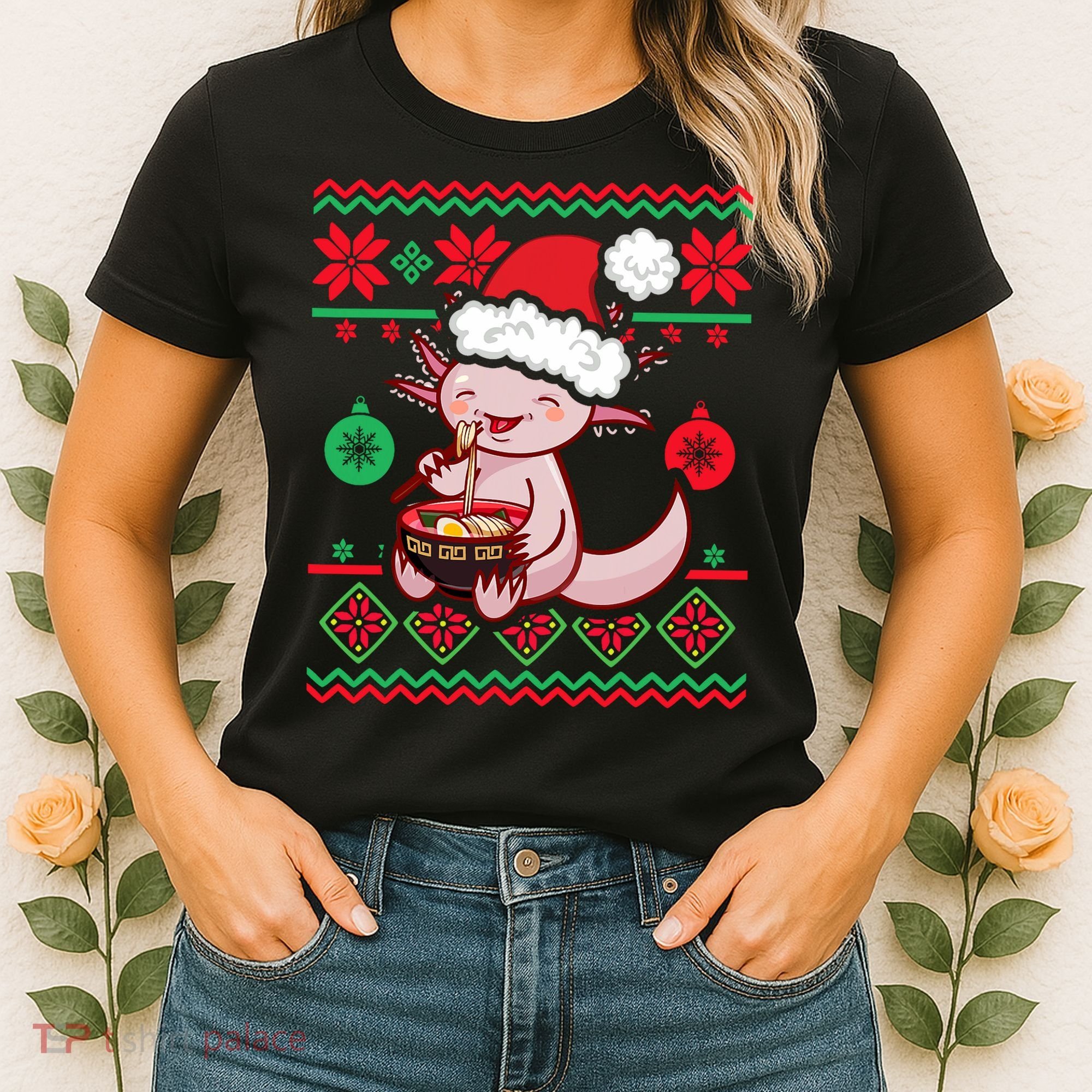 Ugly Anime Christmas Sweater Kawaii Axolotl Eating Ramen Women's T-Shirt