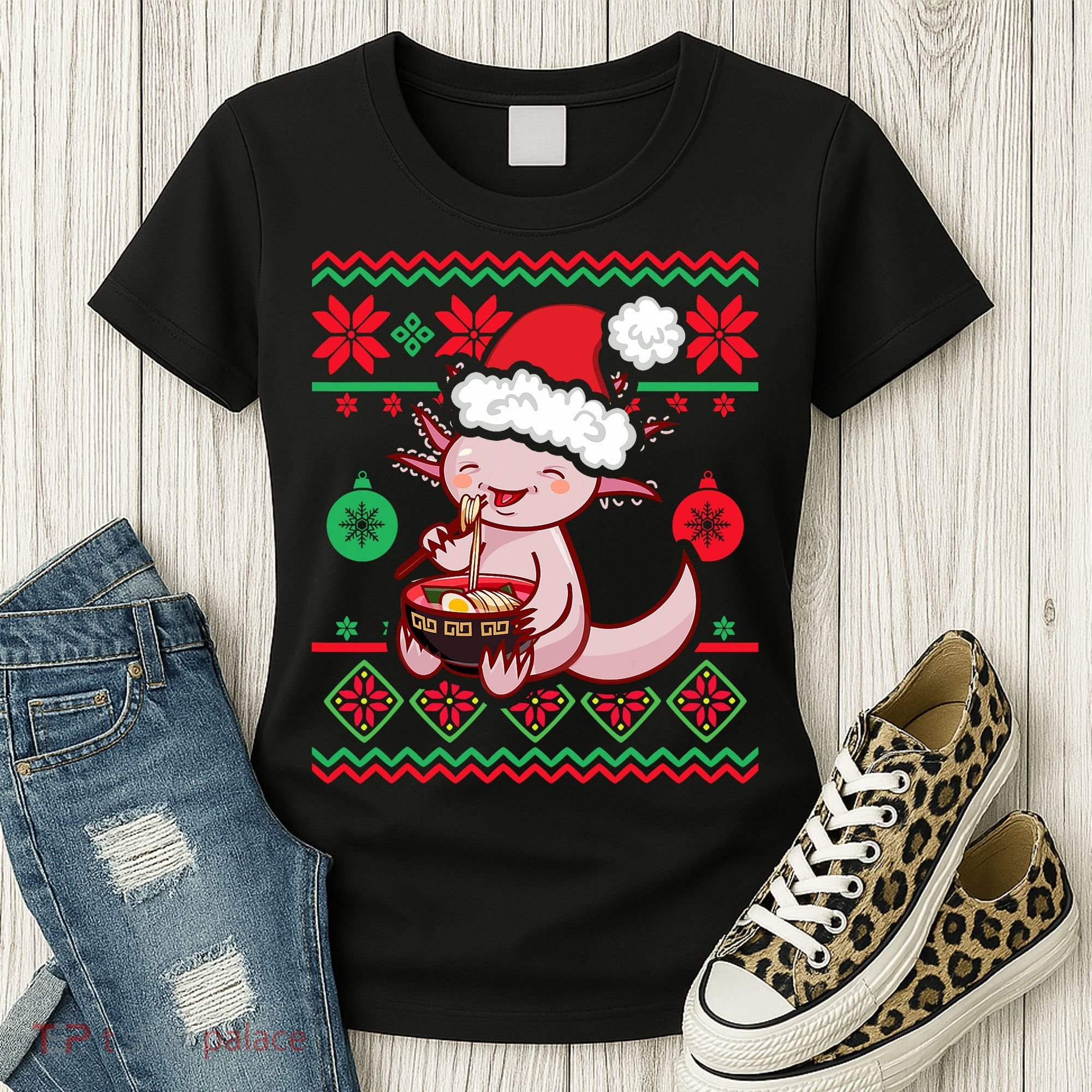 Ugly Anime Christmas Sweater Kawaii Axolotl Eating Ramen Women's T-Shirt