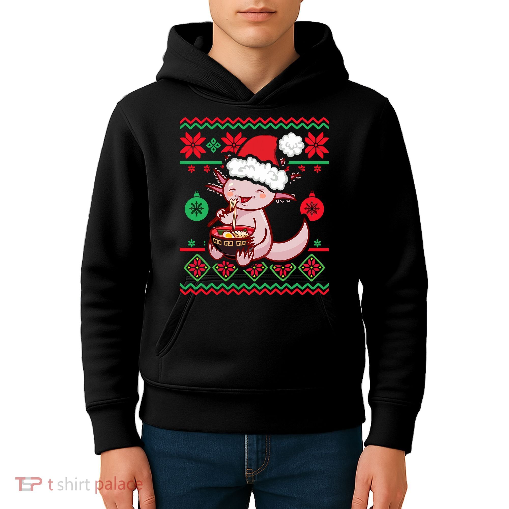 Ugly Anime Christmas Sweater Kawaii Axolotl Eating Ramen Kids Hoodie
