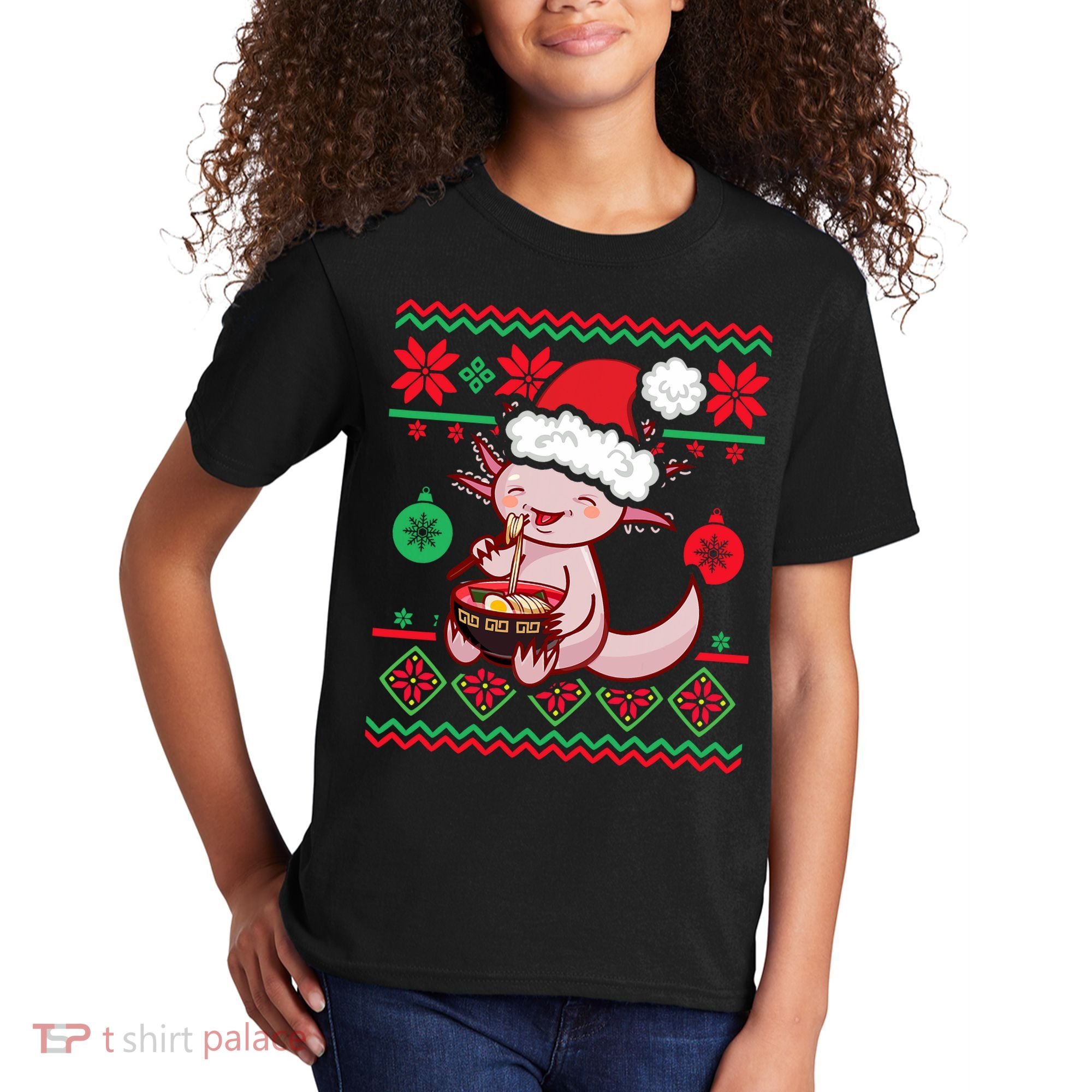 Ugly Anime Christmas Sweater Kawaii Axolotl Eating Ramen Kids T-Shirt