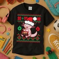 Ugly Anime Christmas Sweater Kawaii Axolotl Eating Ramen Kids T-Shirt thumb 3