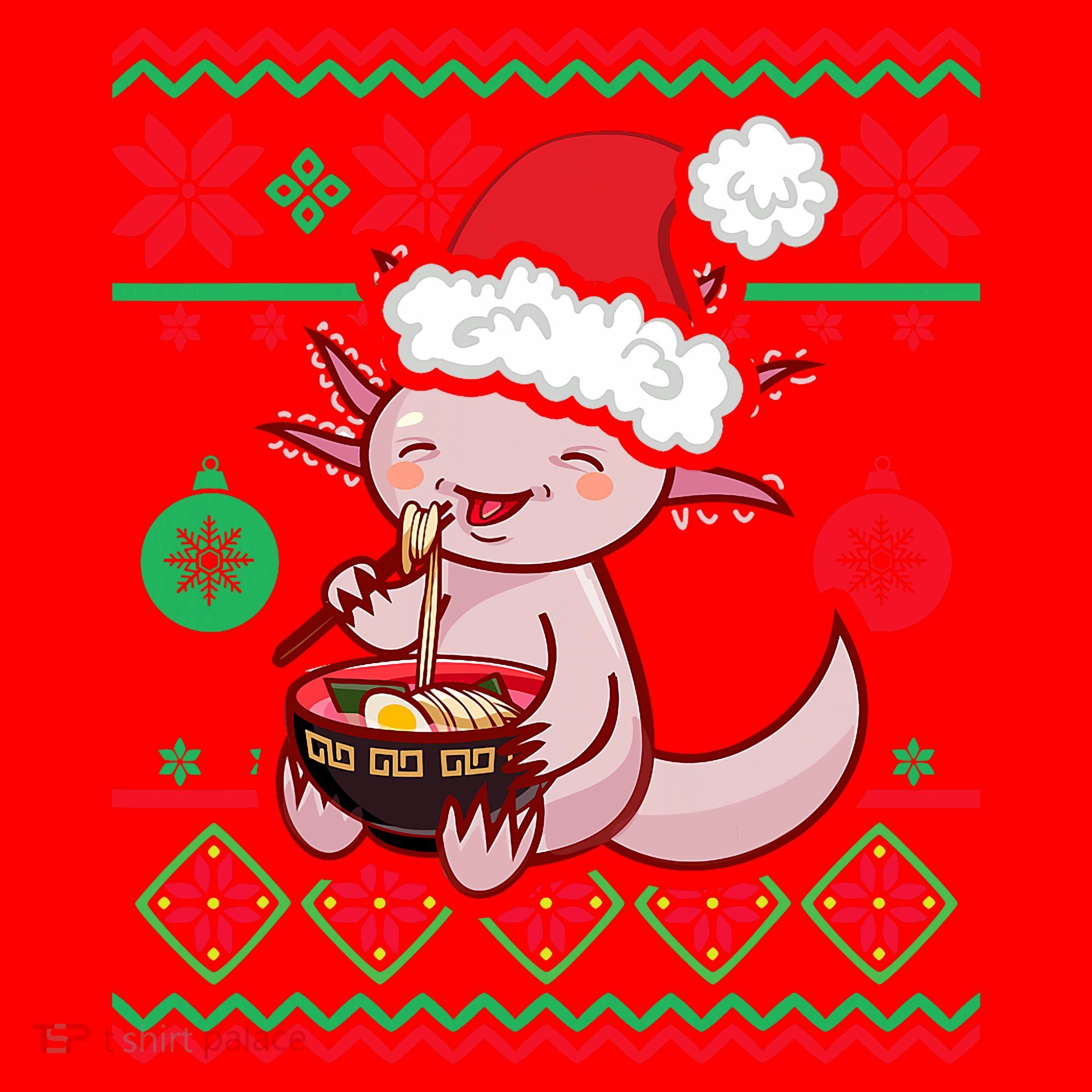 Ugly Anime Christmas Sweater Kawaii Axolotl Eating Ramen Santa Hat