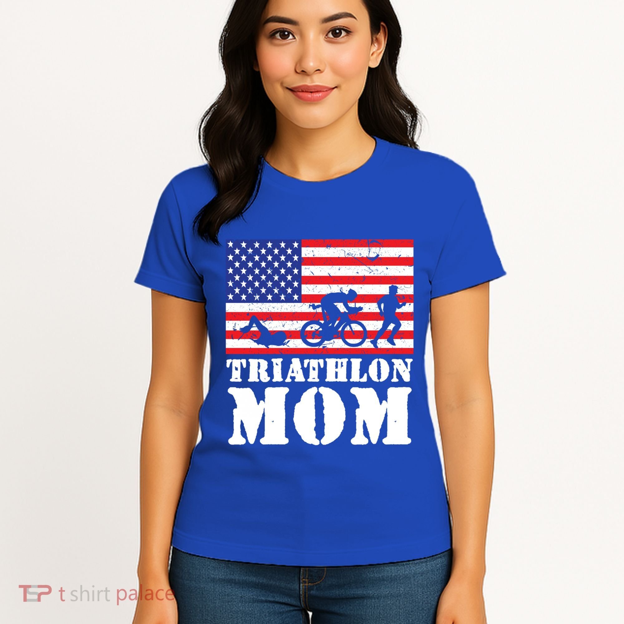 Usa American Distressed Flag Triathlon Mom For Her Gift Women's T-Shirt