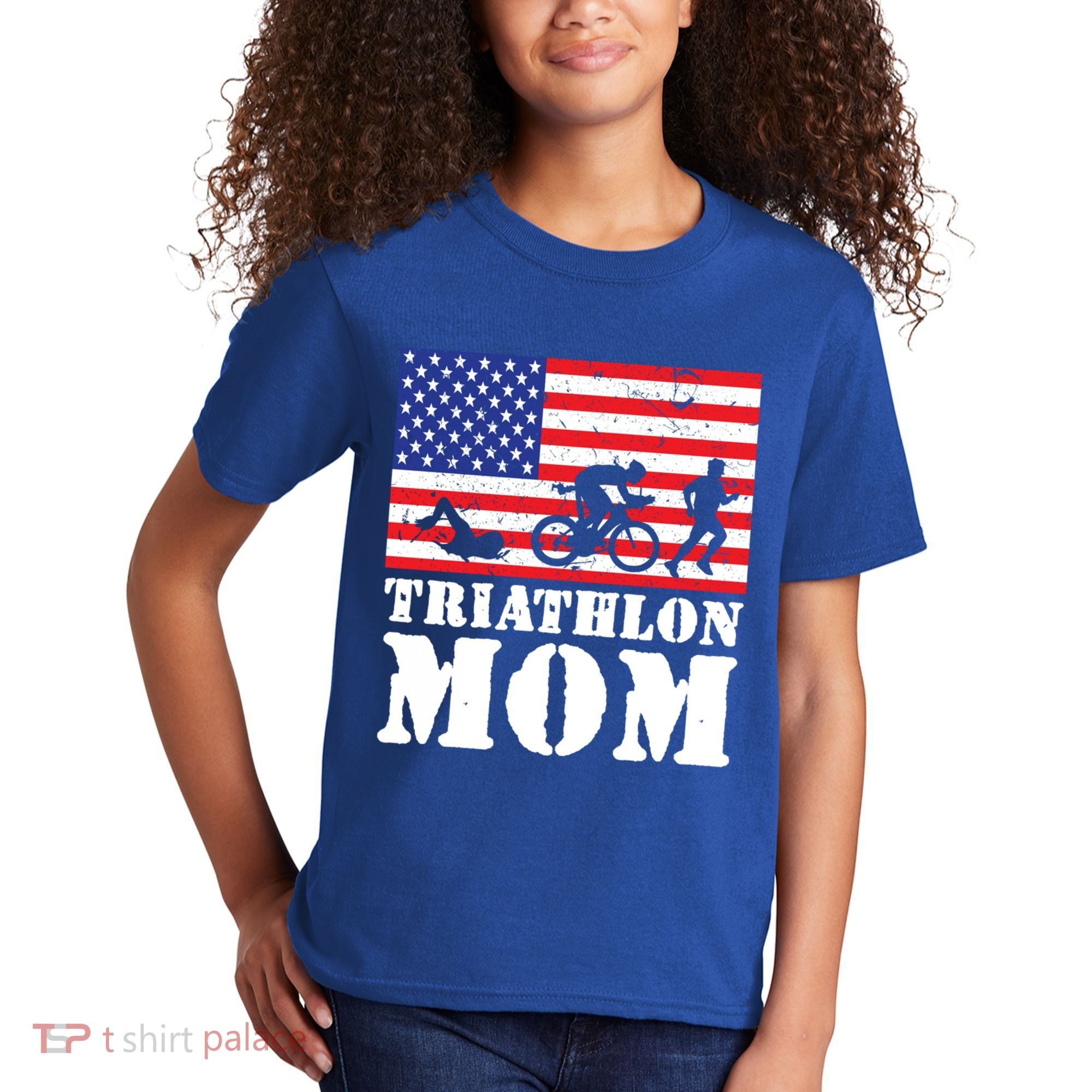 Usa American Distressed Flag Triathlon Mom For Her Gift Kids T-Shirt