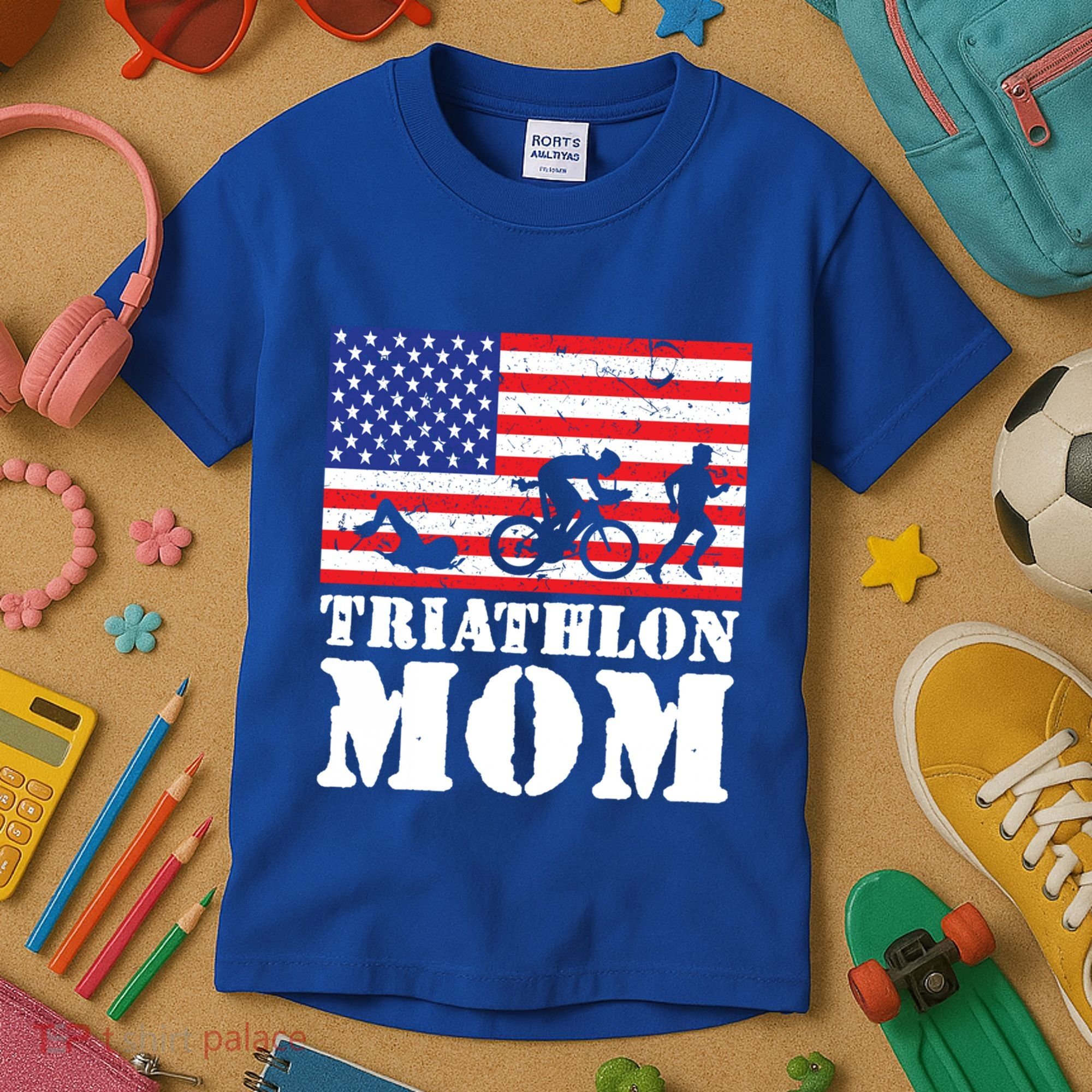 Usa American Distressed Flag Triathlon Mom For Her Gift Kids T-Shirt