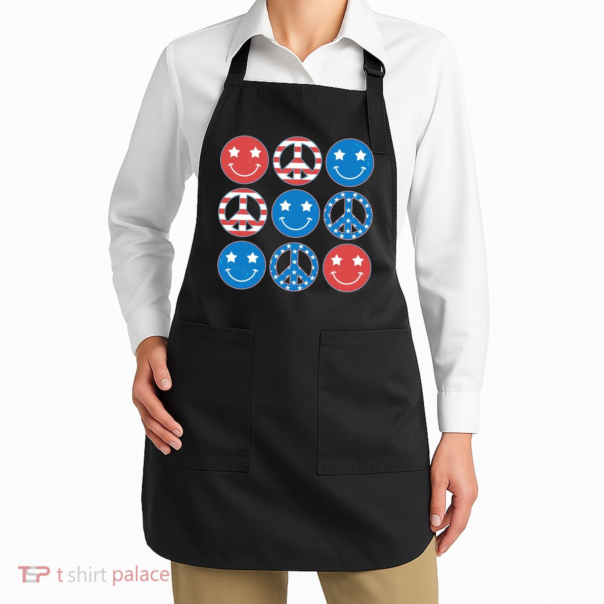 USA American Flag Peace Symbols Smiley Emoji Apron