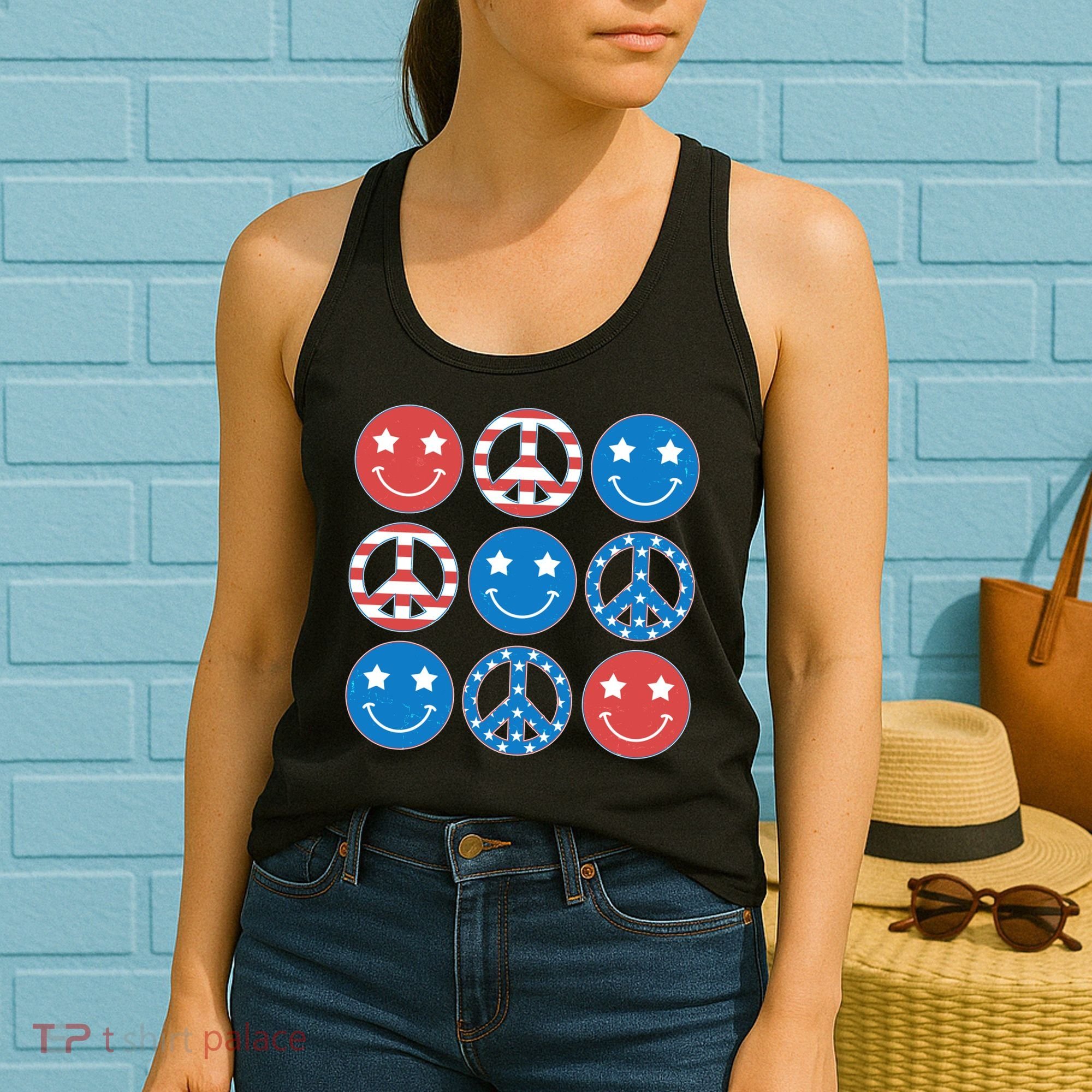 USA American Flag Peace Symbols Smiley Emoji Women's Tank Top