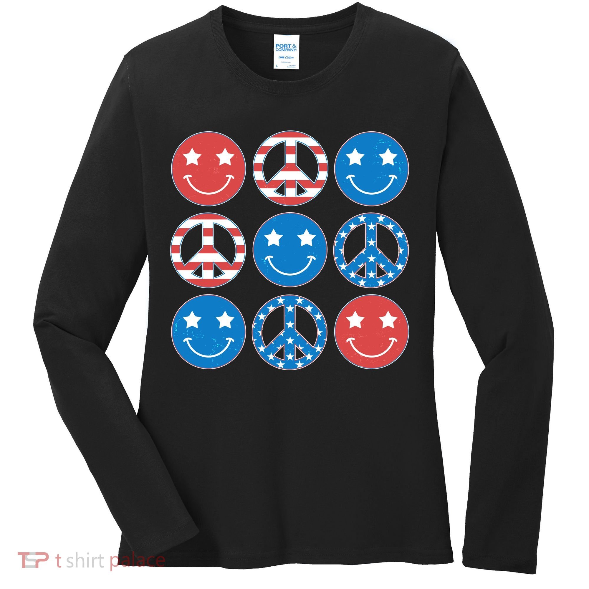 USA American Flag Peace Symbols Smiley Emoji Women's Long Sleeve Shirt