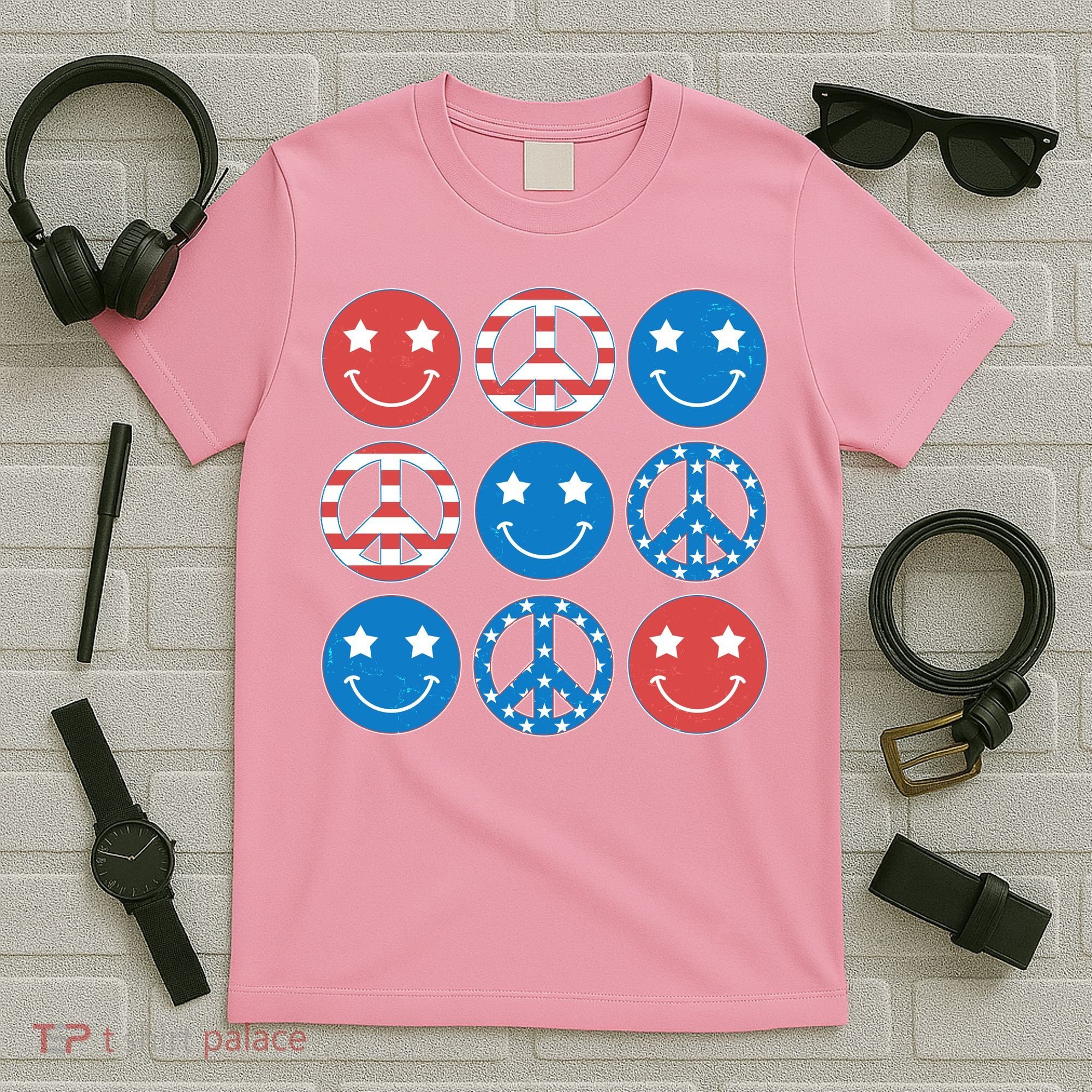 USA American Flag Peace Symbols Smiley Emoji T-Shirt