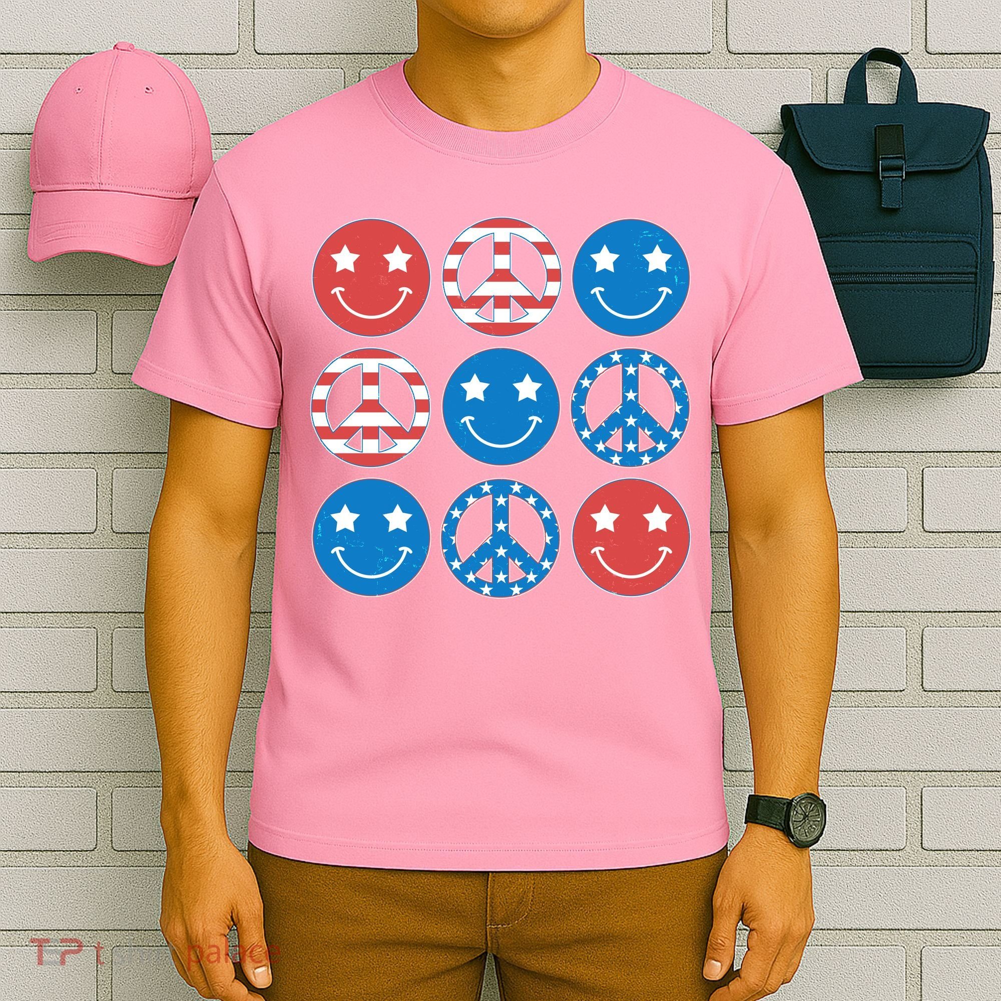USA American Flag Peace Symbols Smiley Emoji T-Shirt