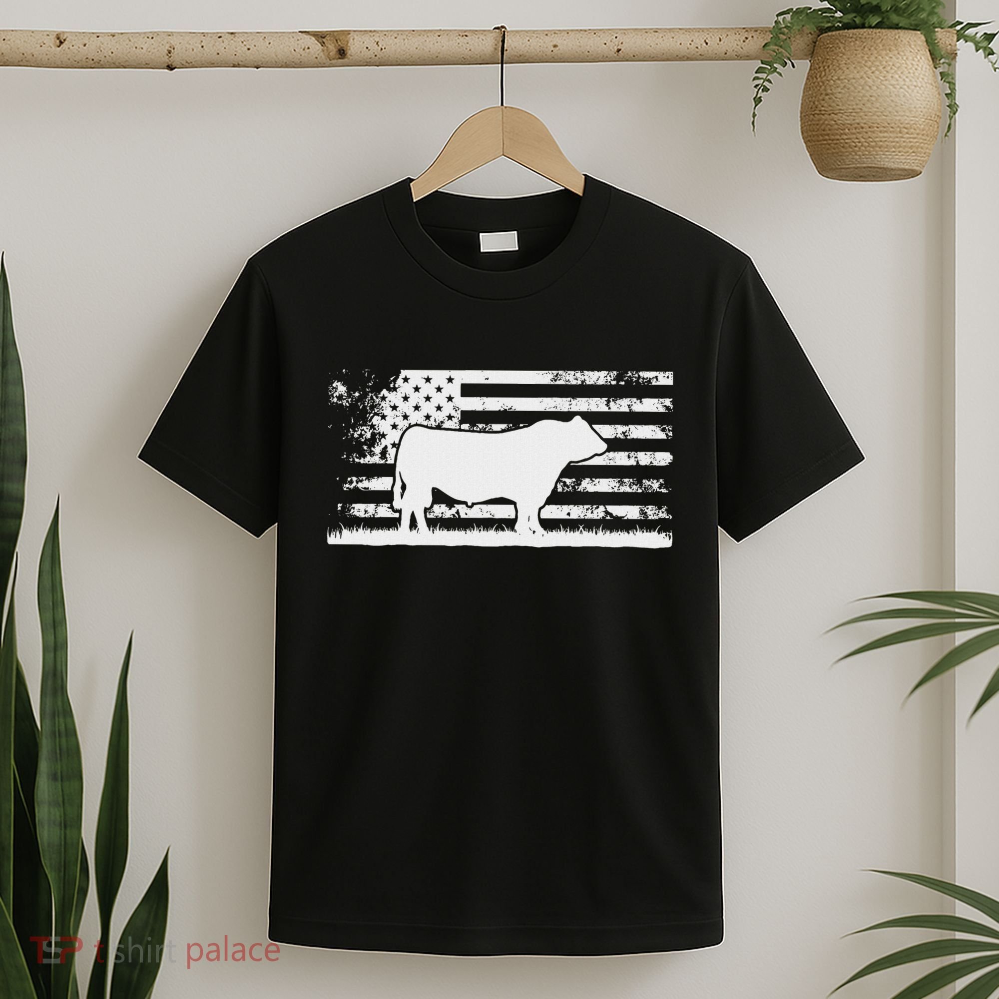 Usa American Flag America Cow Black Angus Rancher T-Shirt