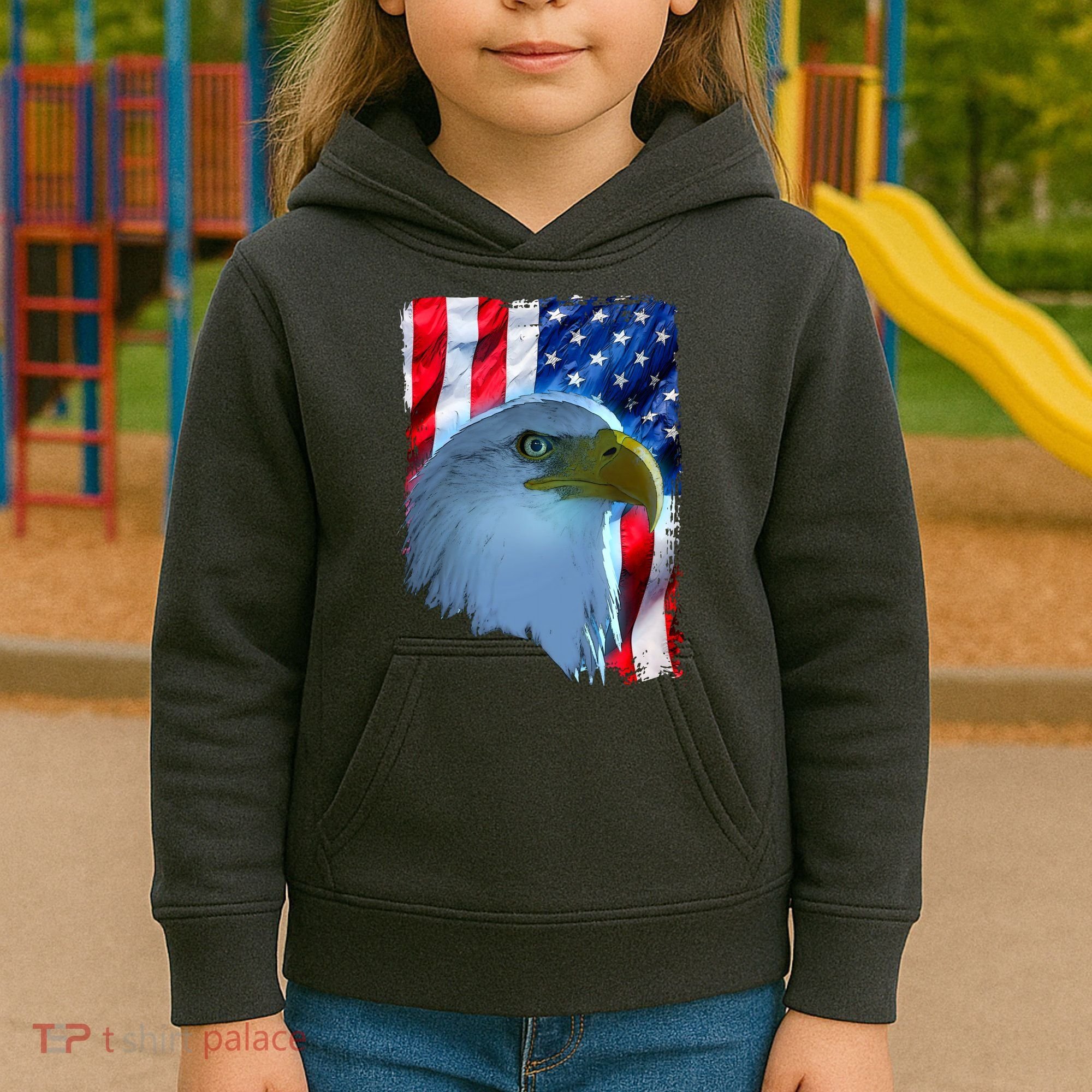 USA American Flag Eagle Distressed Style Kids Hoodie