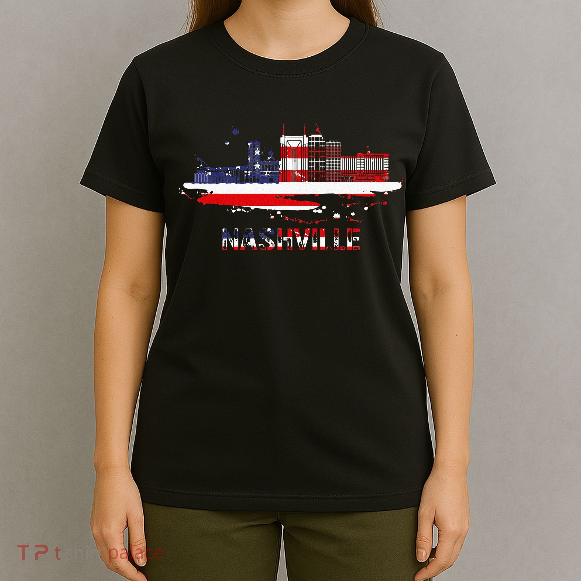 USA American Flag Cityscape Nashville Tennessee Skyline T-Shirt